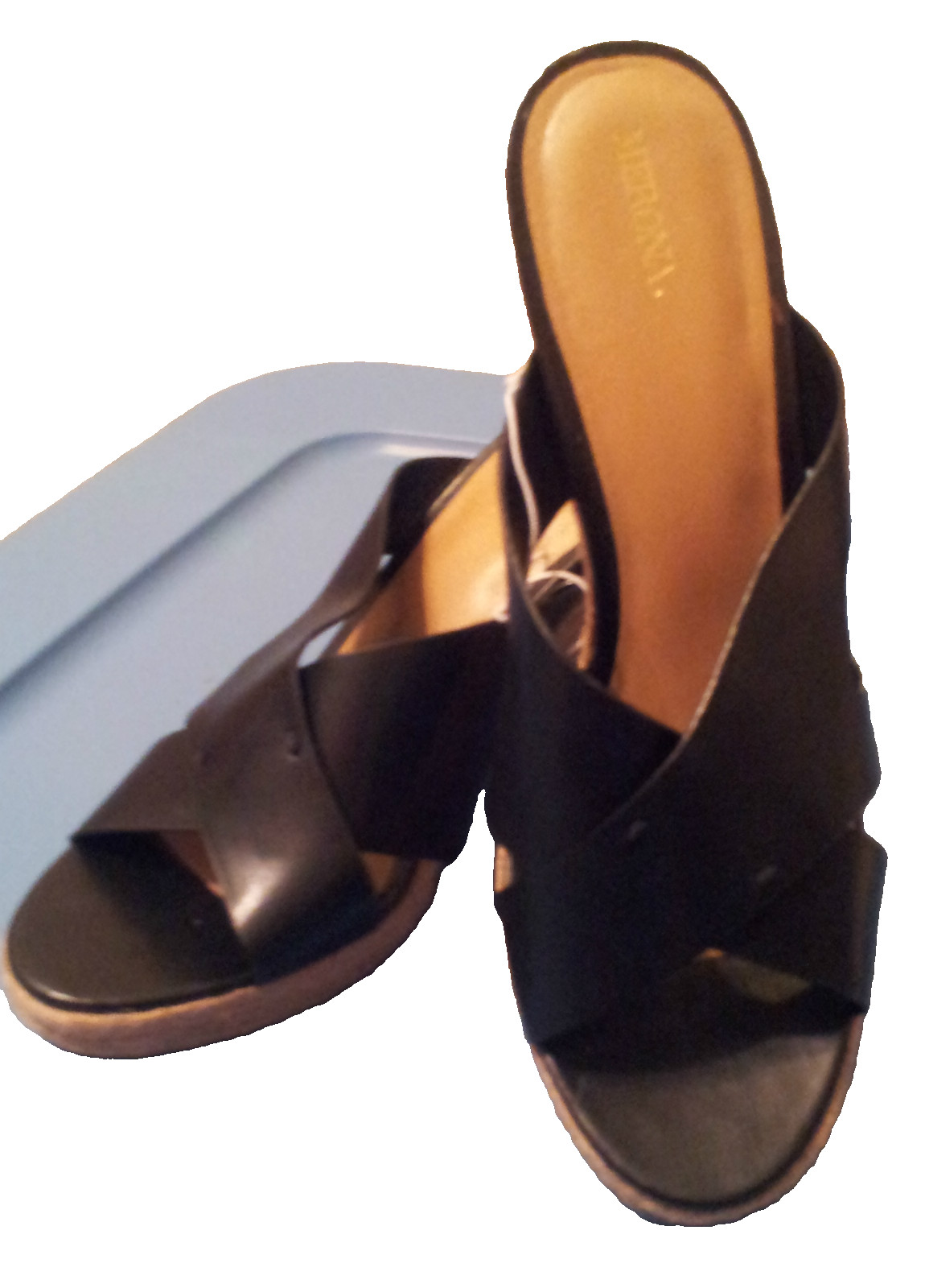Merona Slide Shoes Black Size 11 Slip-ons Solid 3″ Braided Wedge Straw Heel NWOB