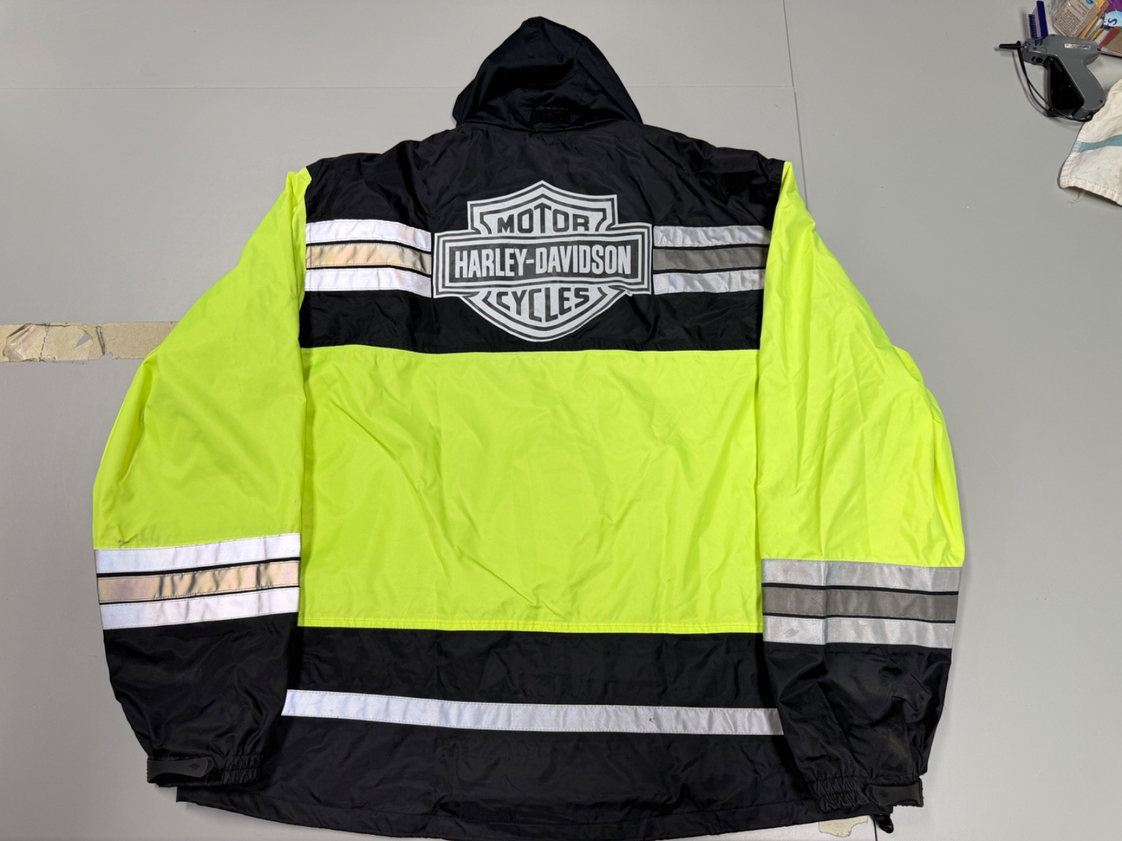 Harley Davidson Hi Vis Yellow Black Reflective Hooded Rain Jacket Size 2XL
