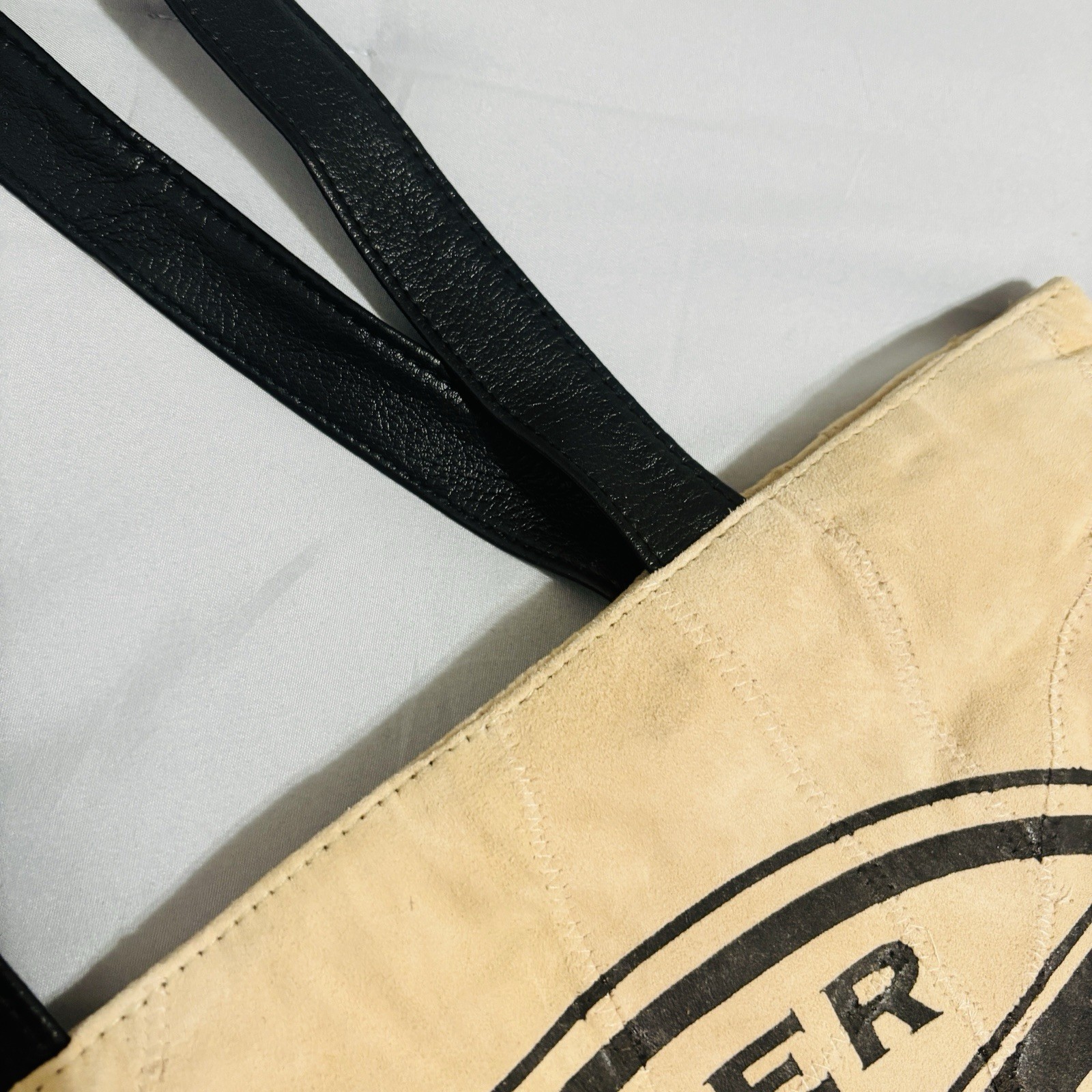 Genuine Soft Suede Recycled Leather Bible Tote Bag Tan Whipstitch