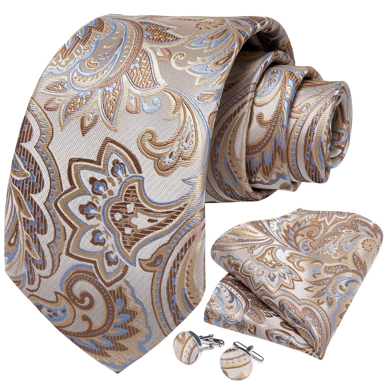 Mens Tie Set Silk Solid Paisley Necktie and Pocket Square Cufflinks Classic Form