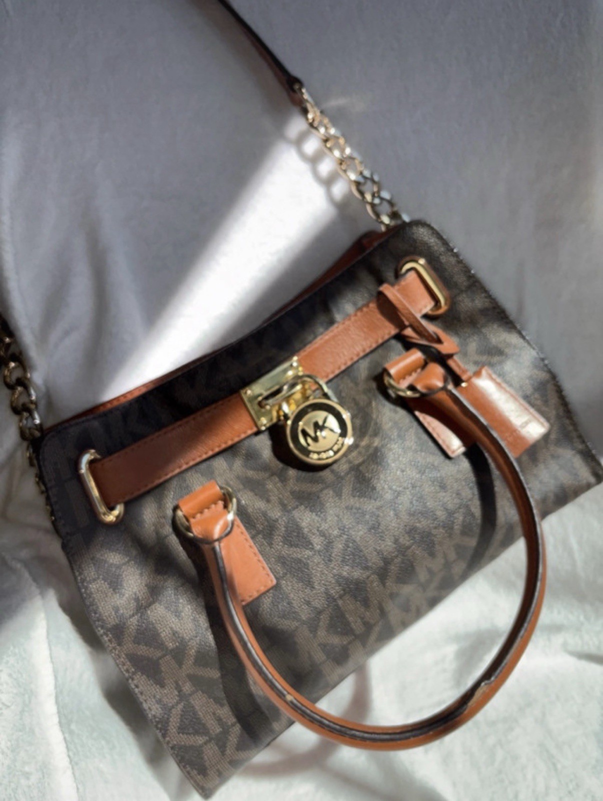 Michael Kors Brown/Gray Monogram Satchel Top Handle Chain Strap Key Detachable
