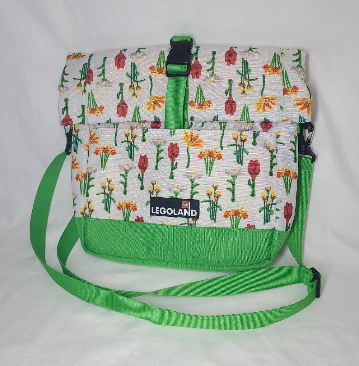 LEGO LEGOLAND Floral Print Crossbody Messenger Bag Zip Buckle Green Strap