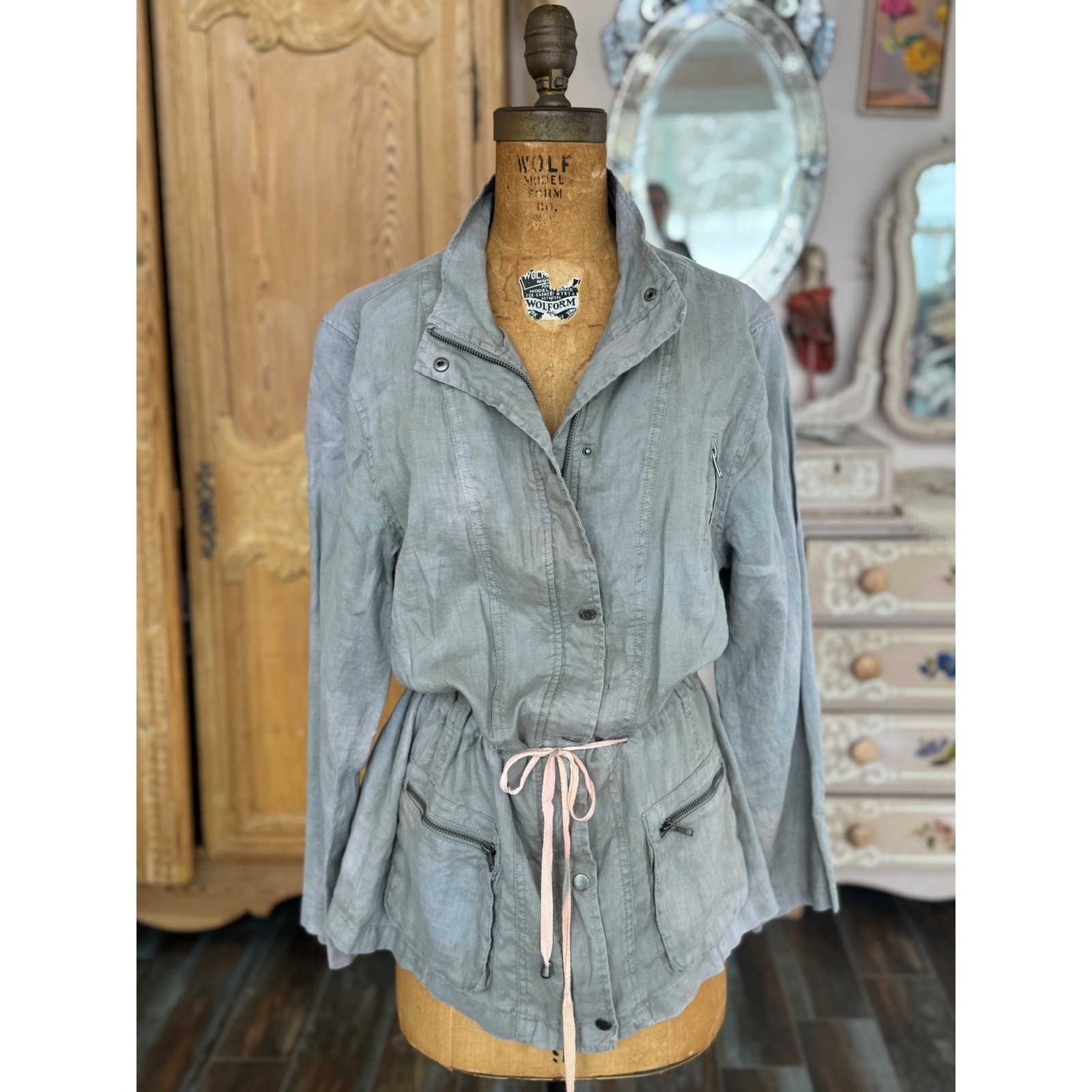 100% Linen Utility Jacket Size L – Drawstring Waist Bird Patch One of a Kind