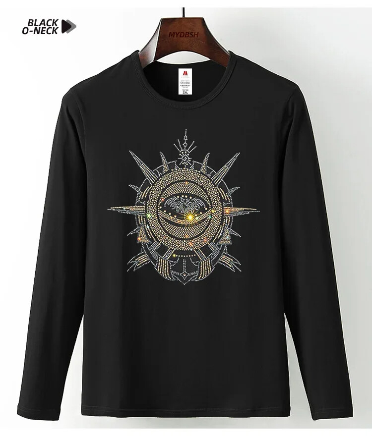 Fashion Trend Stone Rhinestones Streetwear Long Sleeve Luxury Men V-Neck T-Shirt