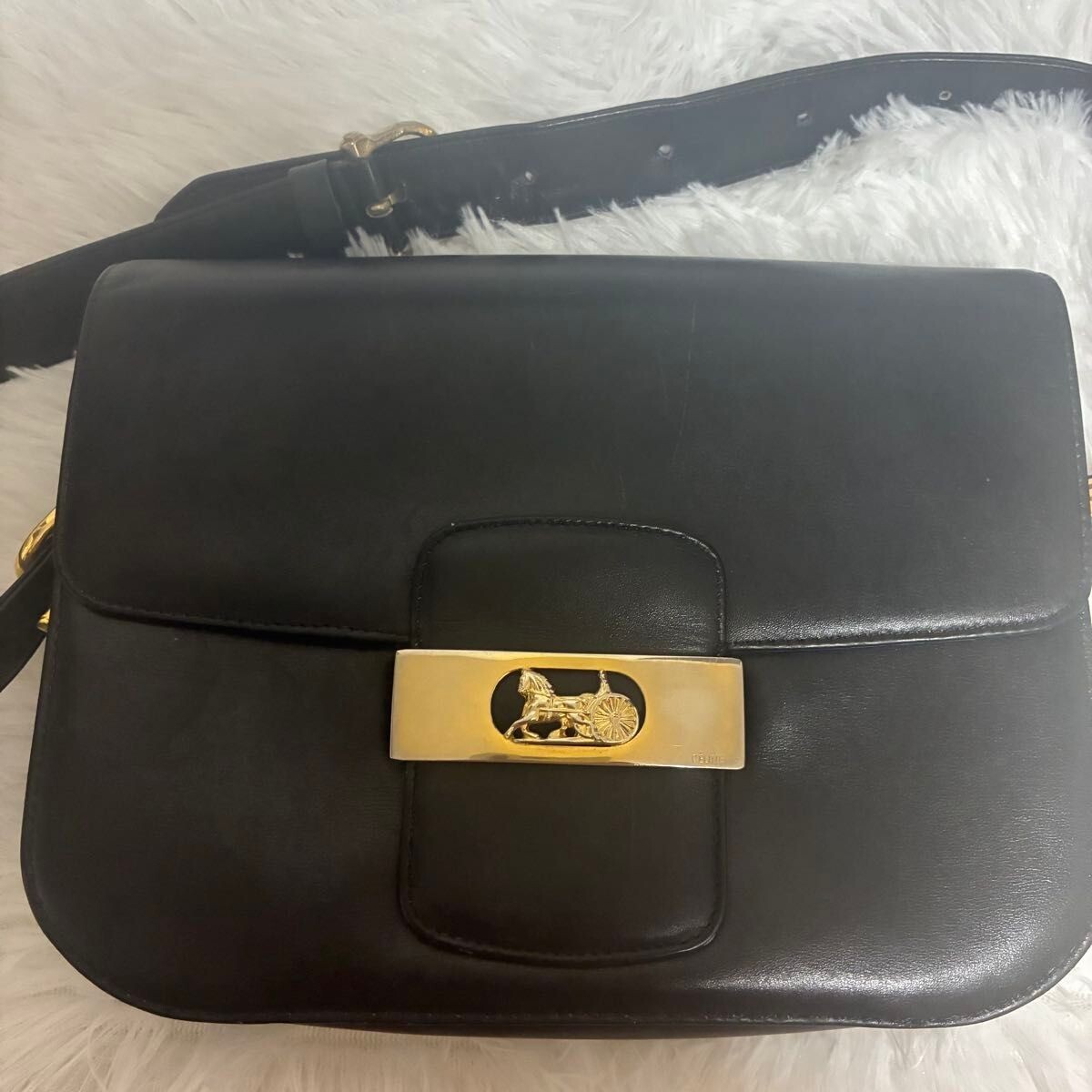 CELINE Black Leather Horse Carriage Buckle Shoulder Bag Gold Italy 22cm