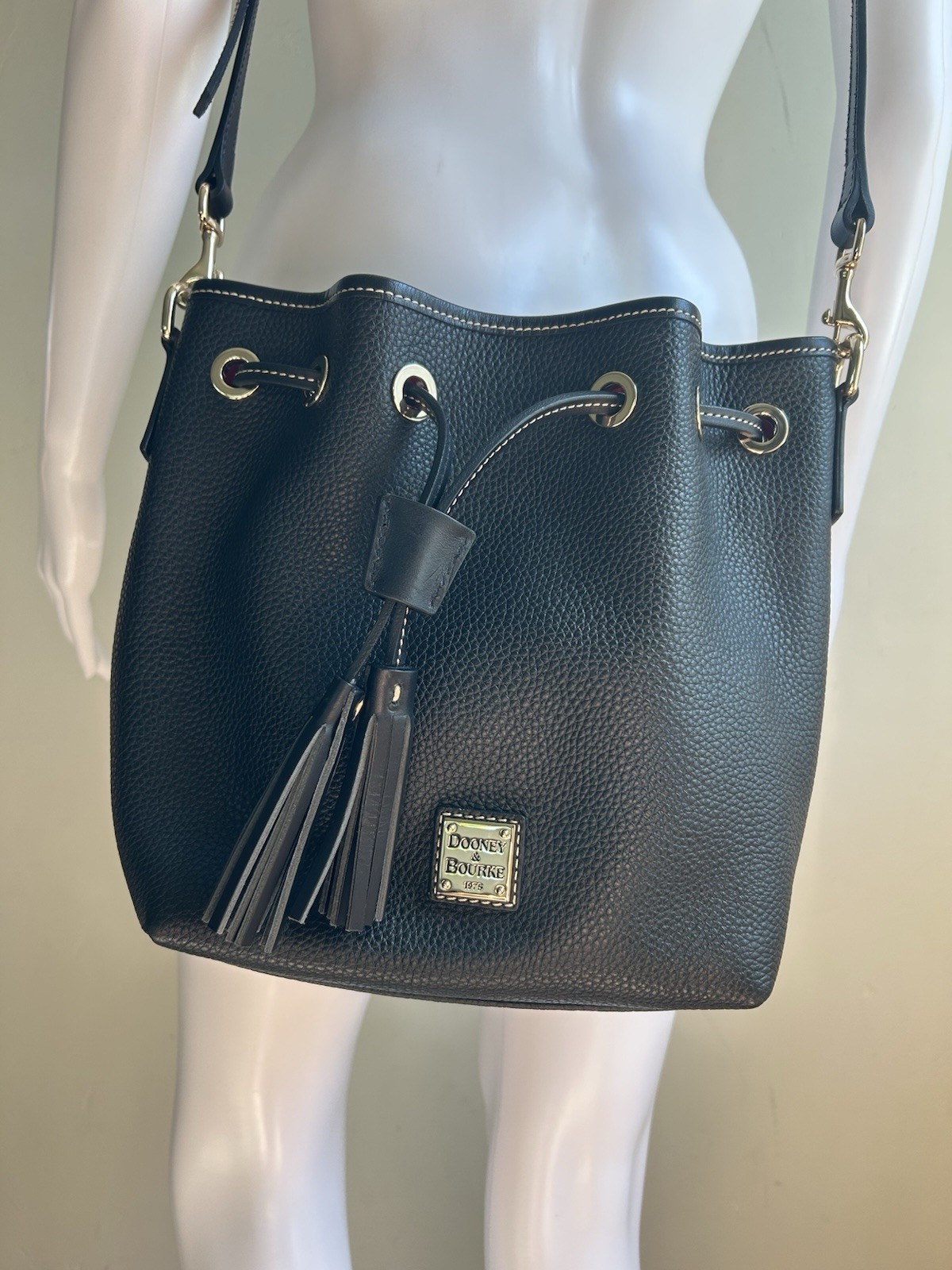 Dooney & Bourke Pebble Grain Leather Drawstring Bucket Bag Black Tassel