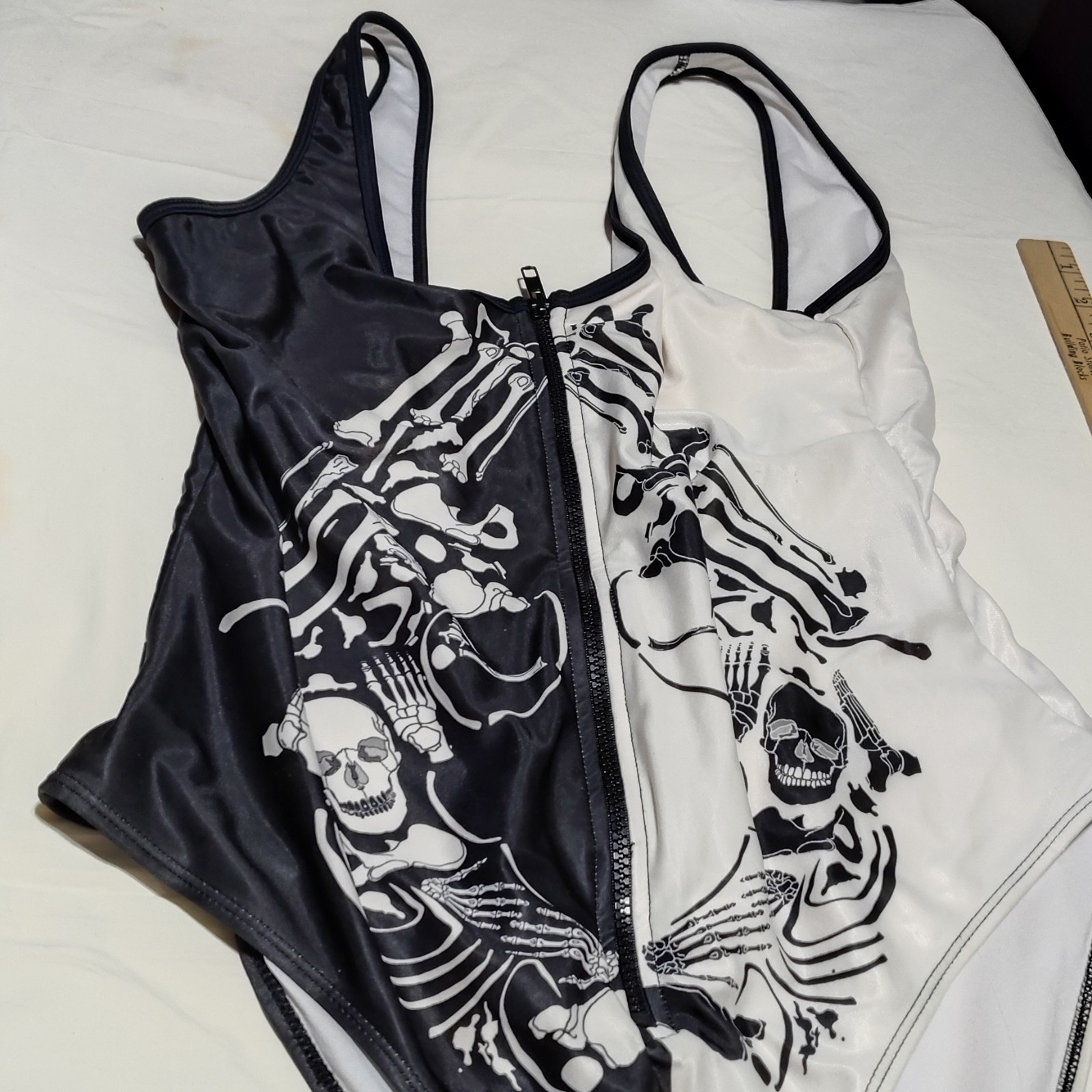 Black White Skeleton Print One Piece Lg Swimsuit Zip Front Vintage Womens teen