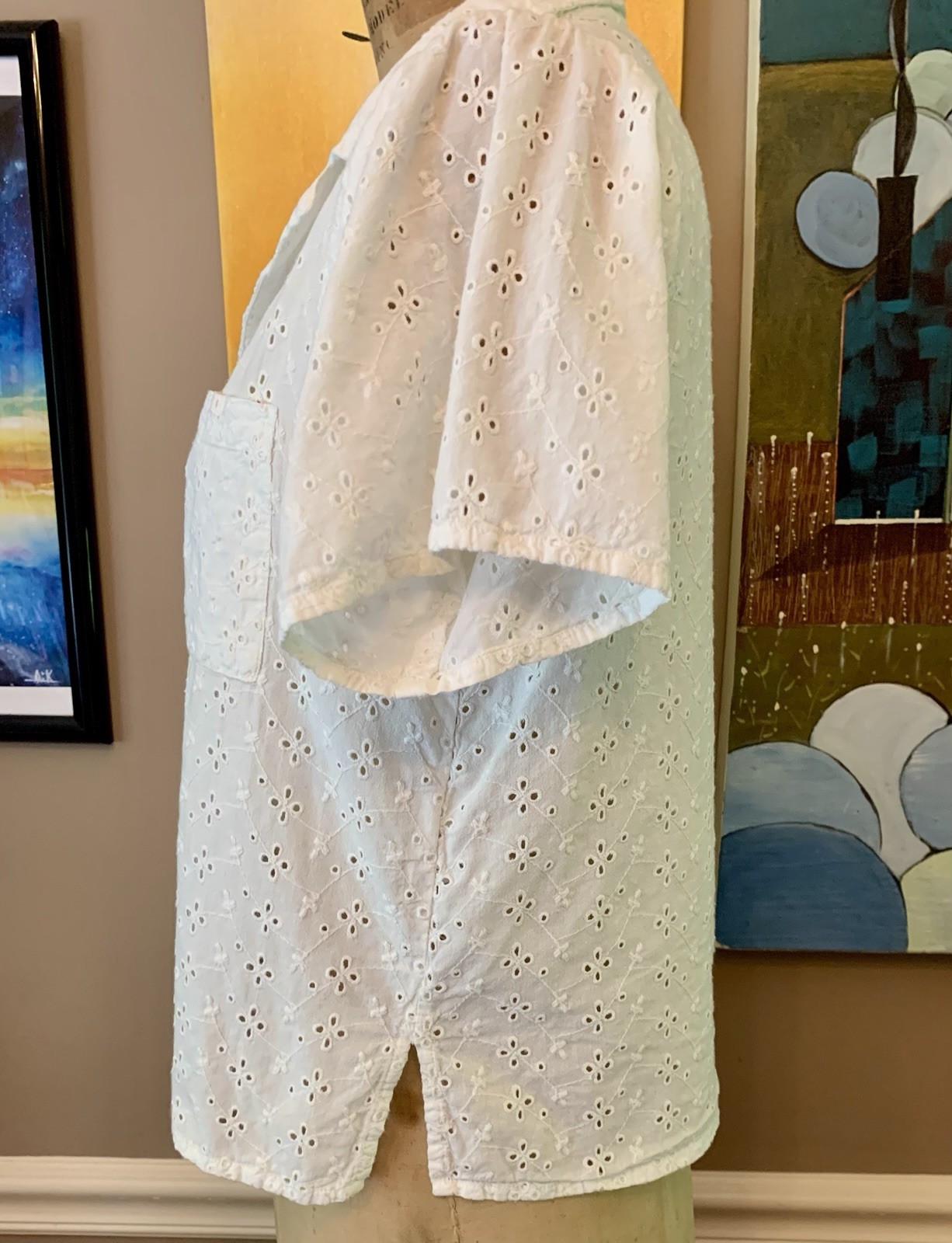 Maisie White Eyelet Lace Button Down Camp Shirt Blouse Size S