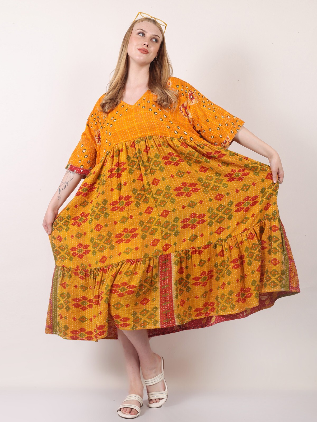 Women’s Oversized Cotton kantha Fabric Printed Gypsy Dress Wholesale Mix Lot
