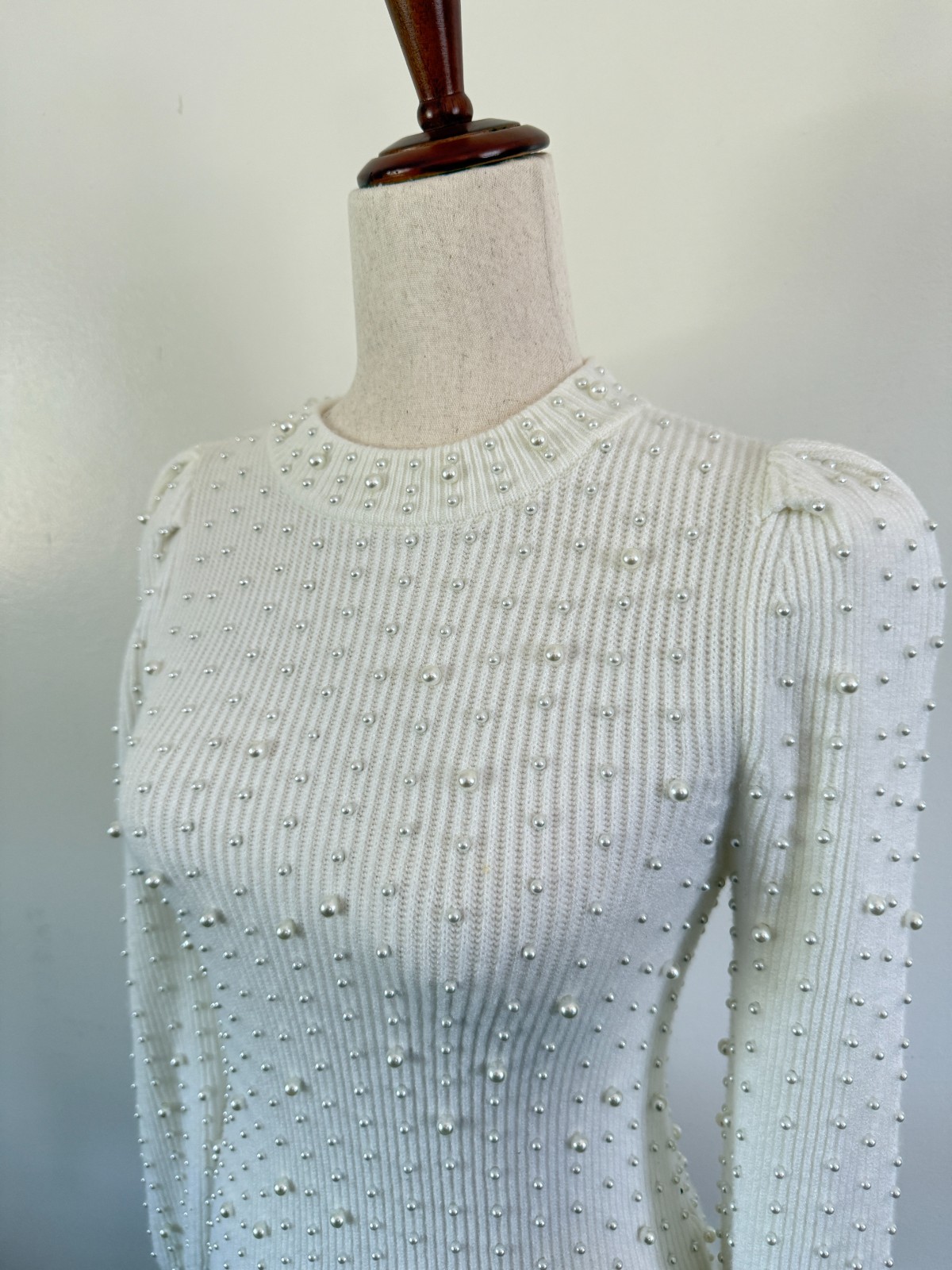 EXPRESS Pearl Embellished Long Sleeve Crew Neck Sweater Ivory | Size XS