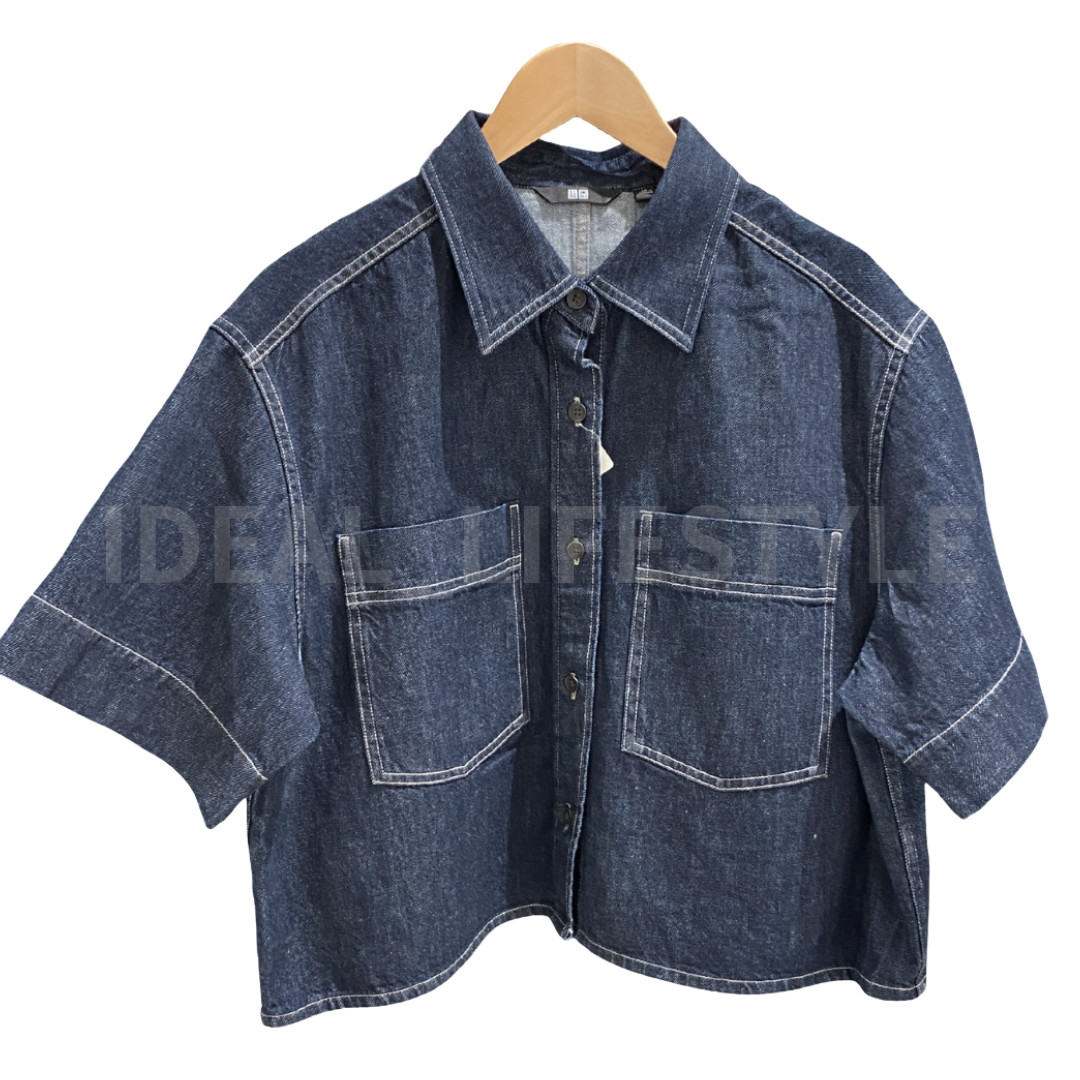 UNIQLO Denim Boxy Shirt S-3XL Short Half-Sleeve 100% Cotton Women 483877 NWT