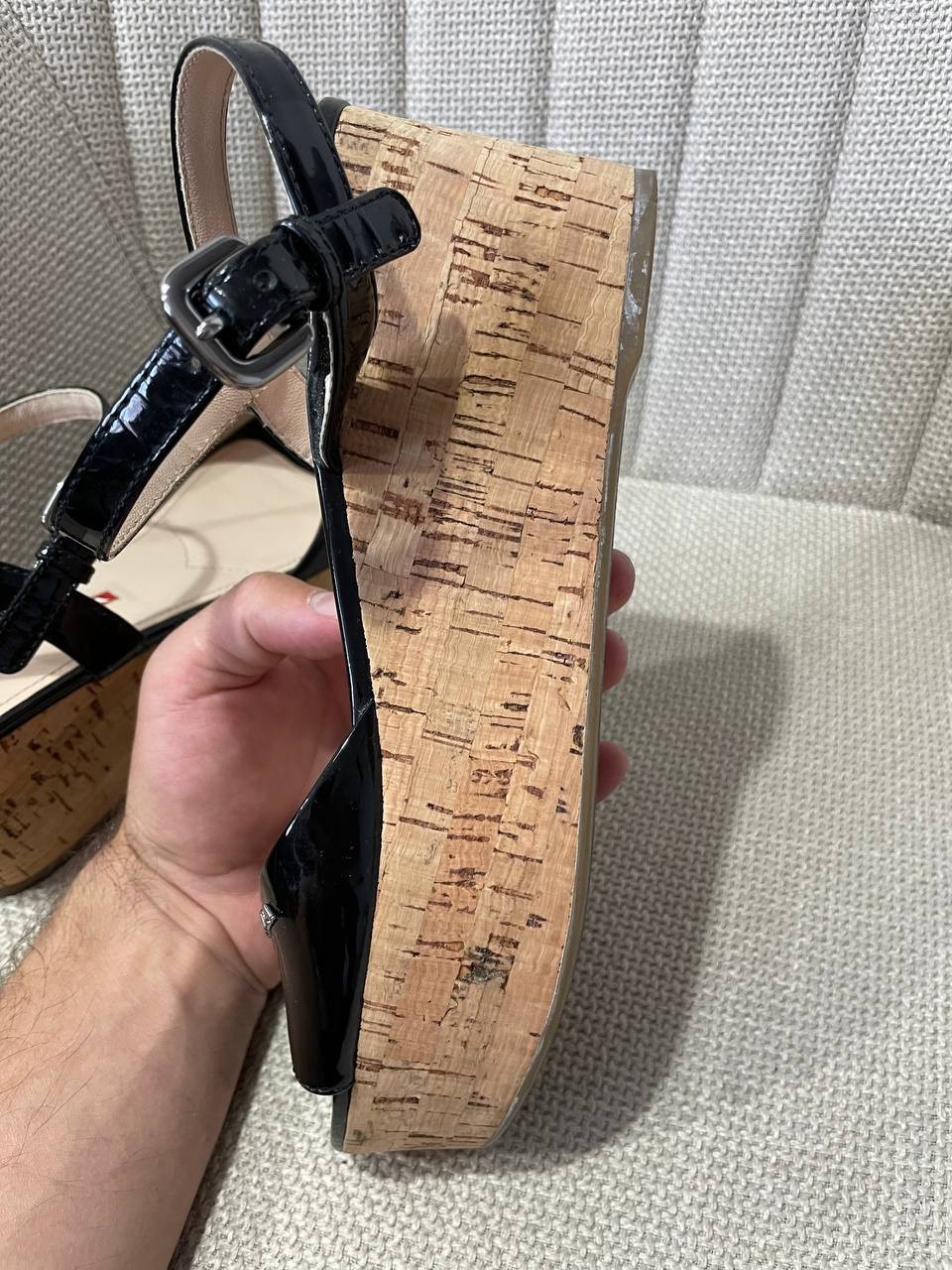 Prada Black Patent Leather and Cork Wedge Sandals Size IT 37 US 7