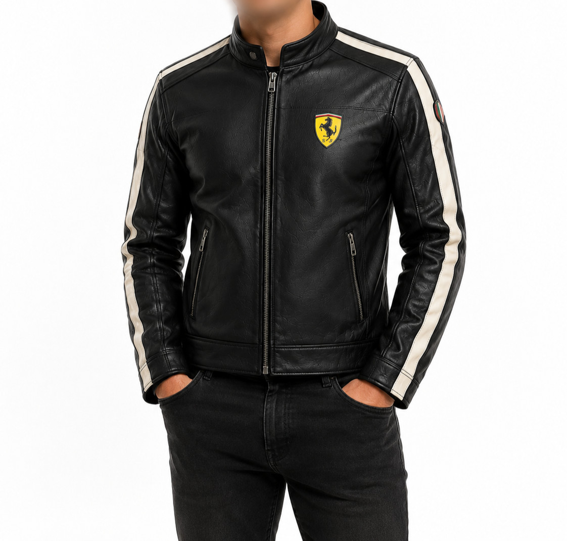 Ferrari Inspired Black Leather Racing Jacket Men’s Motorcycle Biker Cafe Racer C