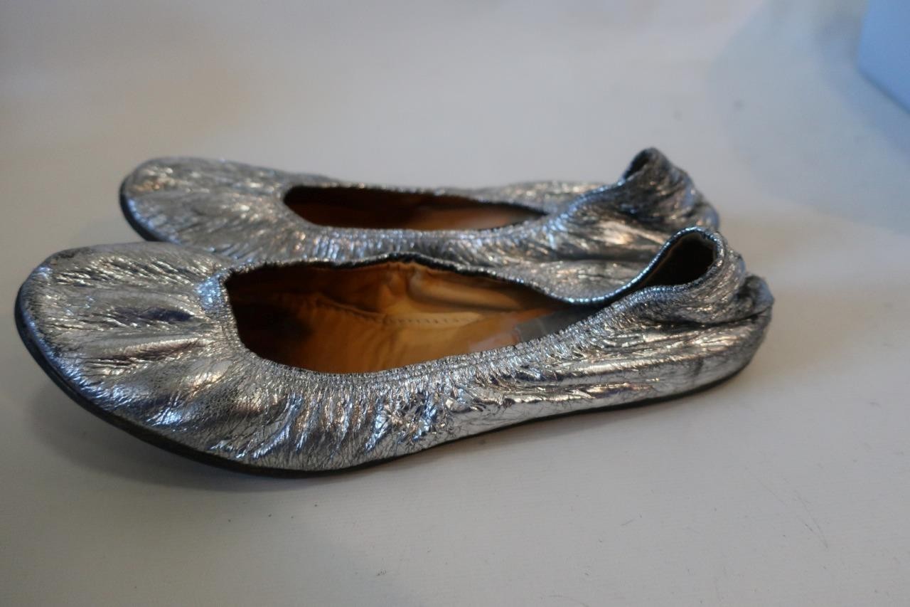 Womens Lanvin Metallic Silver Leather Ballet Flats 40 1/2 /US 10.5