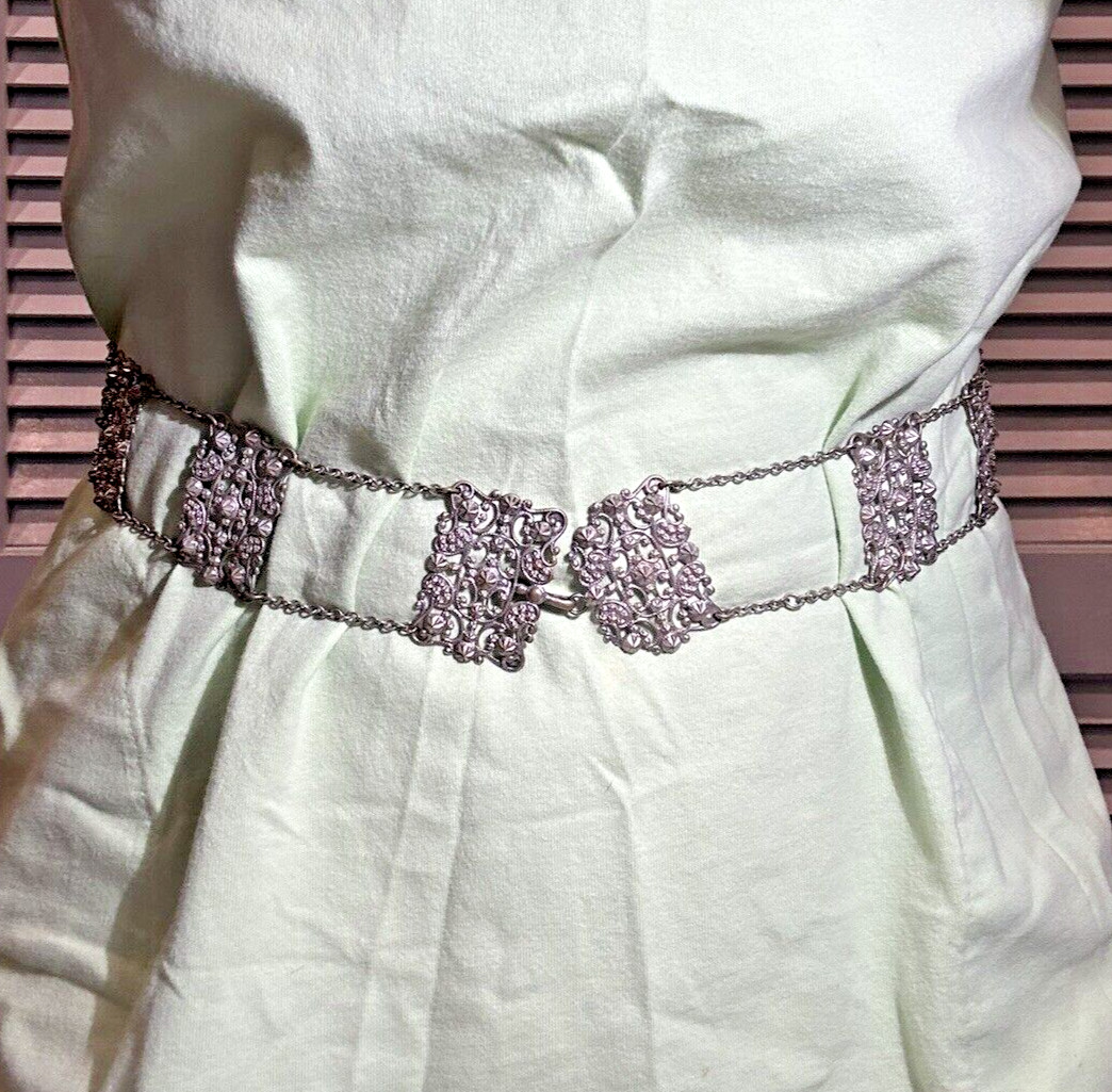 Antique Victorian Floral Etched Repousse Chantelaine Silver t Buckle 30.5″ Belt