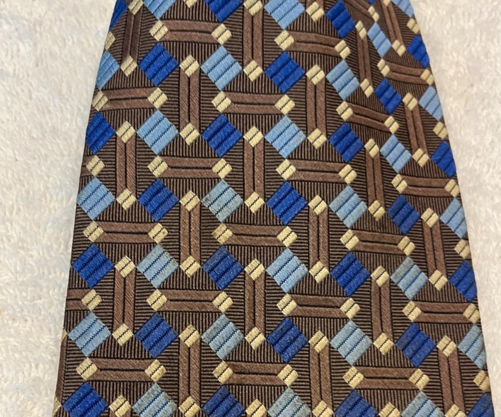 Renzo Brown Blue Tan 100% Silk Geometric Men’s Necktie