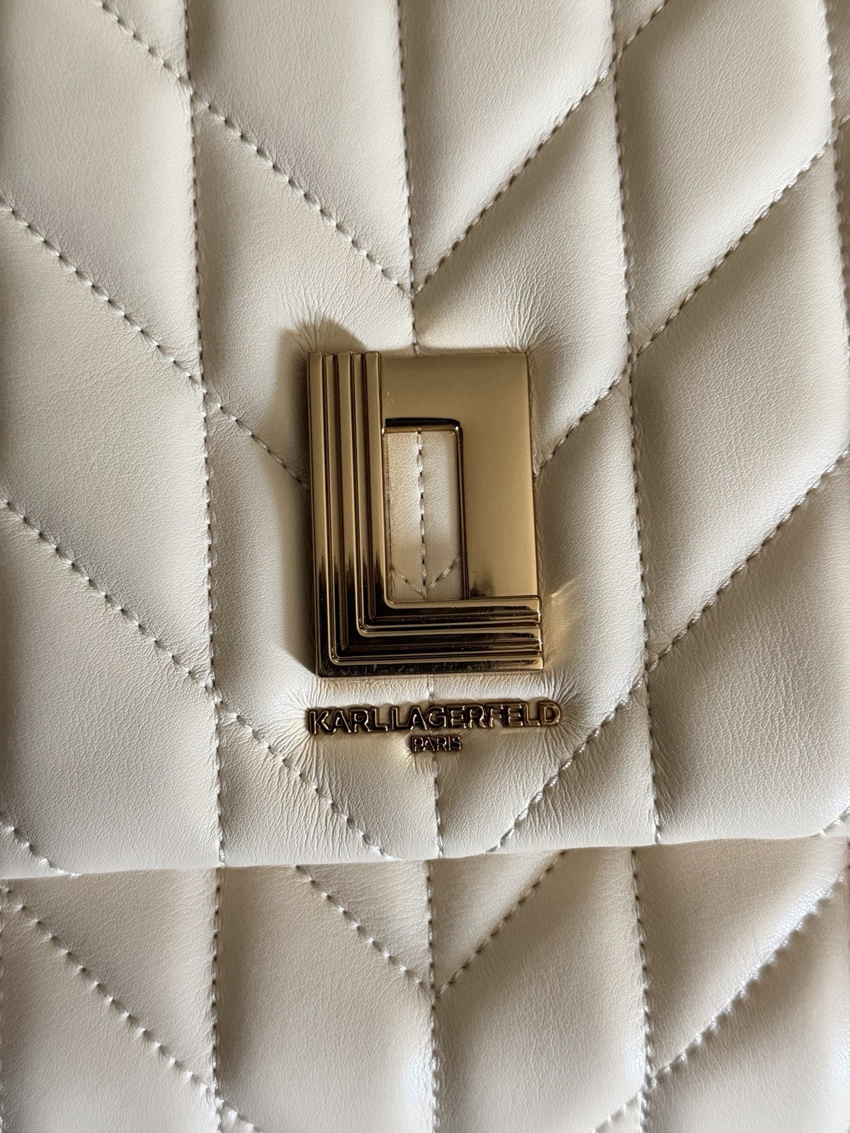 KARL LAGERFELD PARIS Cream Quilted Genuine Leather Shoulder Bag Gold Chain