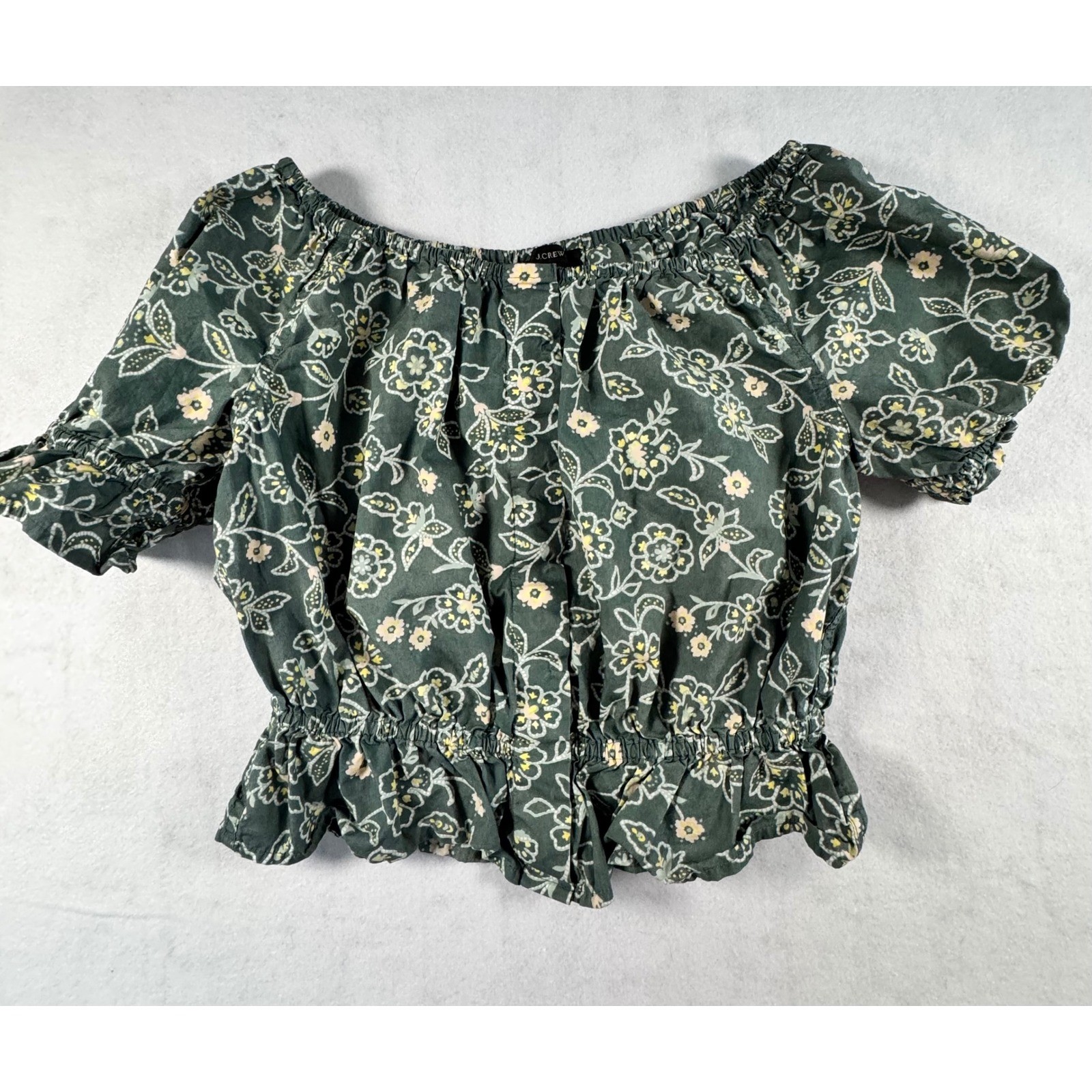 JCrew Womens XS Dark Green Floral Smocked Waist Off The Shoulder Crop Top Blouse