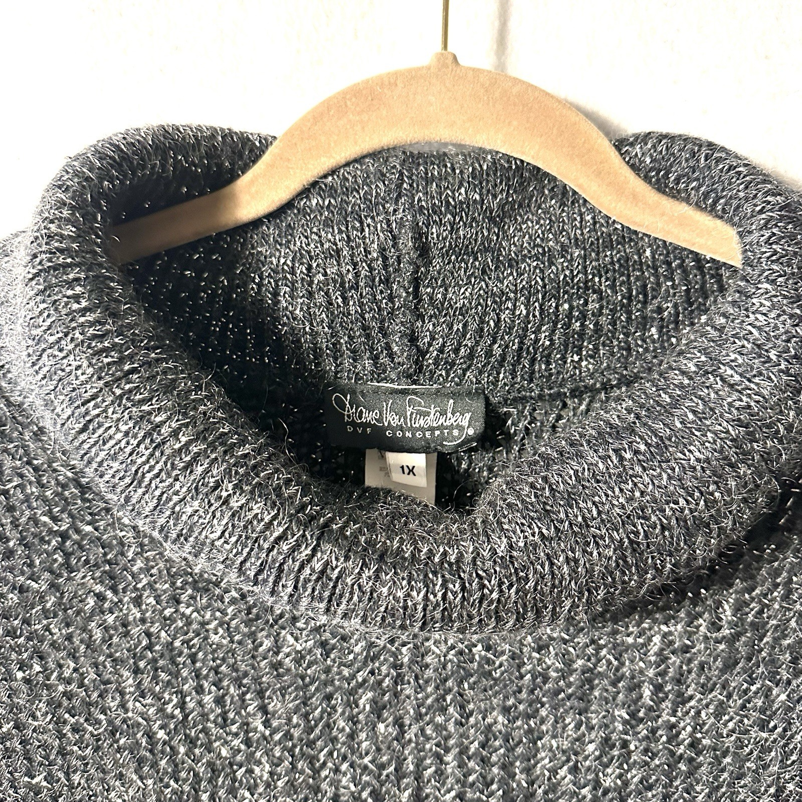 Diane Von Furstenberg 1X Sweater Metallic Mohair Crowl Black Silver Vintage