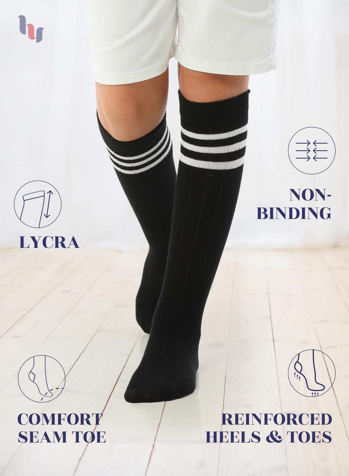 Hugh Ugoli Knee High Cotton Socks with Stripe for Girls/Boys 5-14 Years 4 Pairs