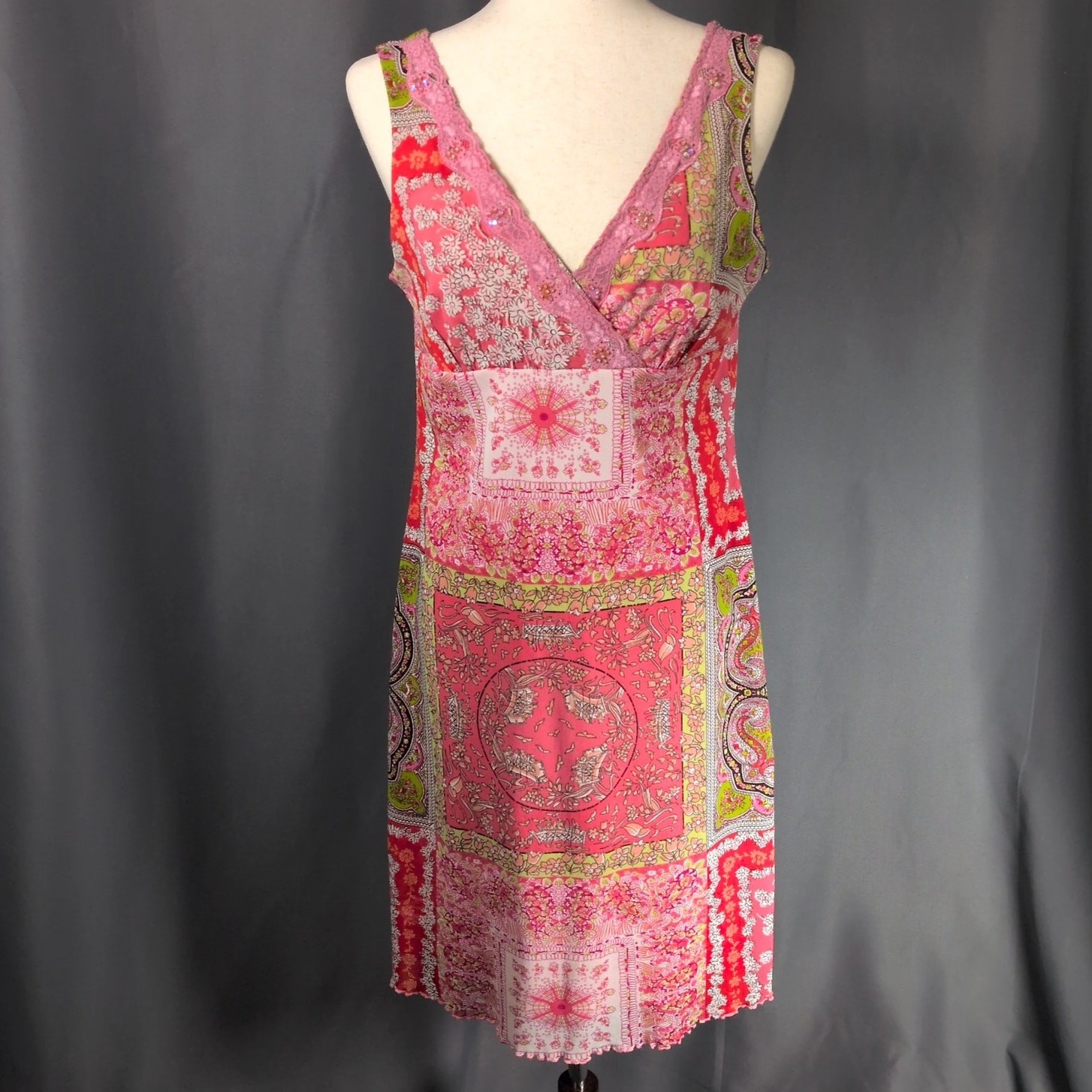 Vintage Y2K Xhilaration Sequin Surplice V-Neck Pink Multi Pattern Dress Sz Large