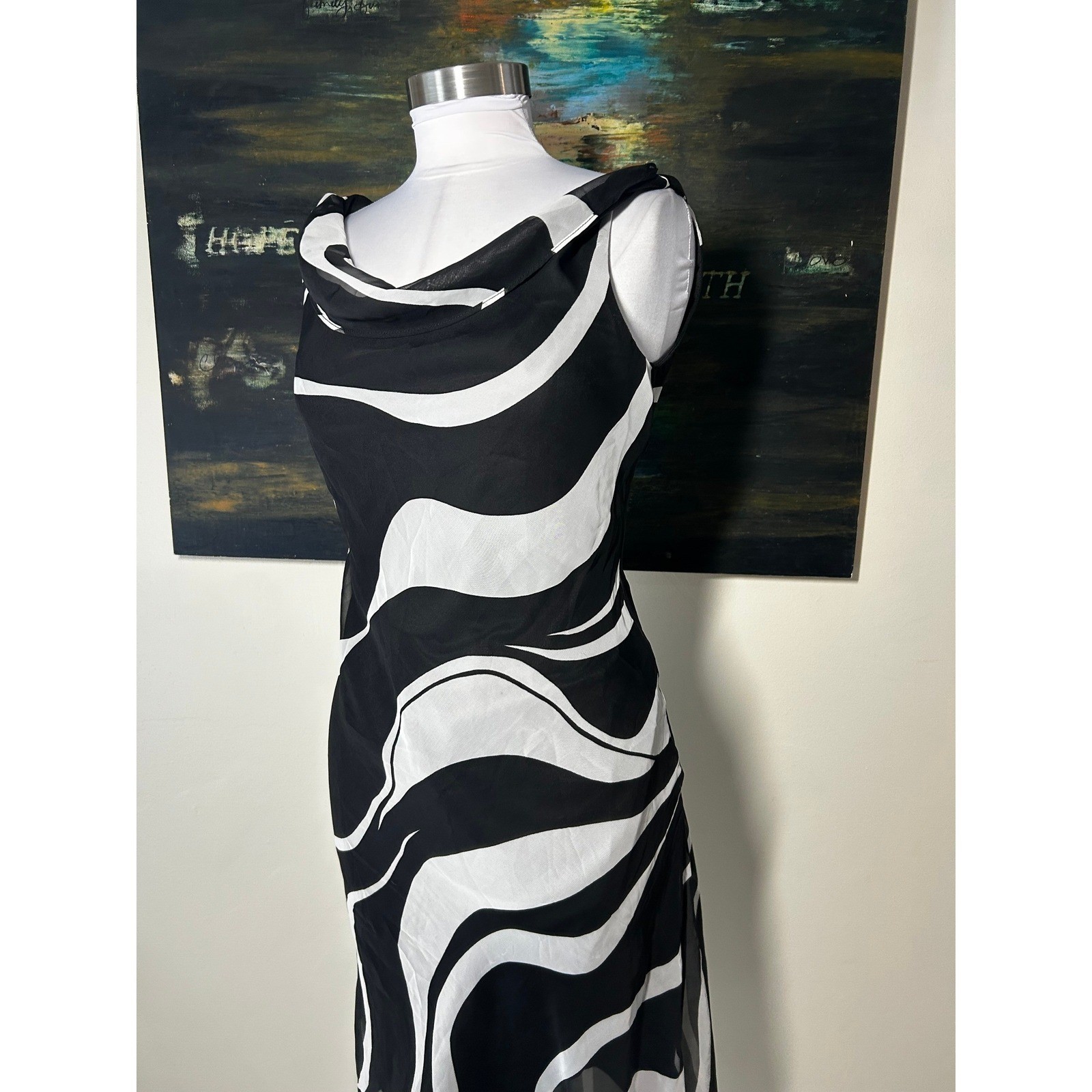 Vintage Breakin’ Loose Midi Dress Size 10 Black White Abstract Cowl Neck Y2K