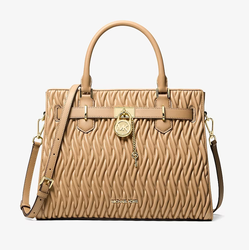 Michael Kors Hamilton Medium Matelassé Satchel Bag Camel Gold Tone