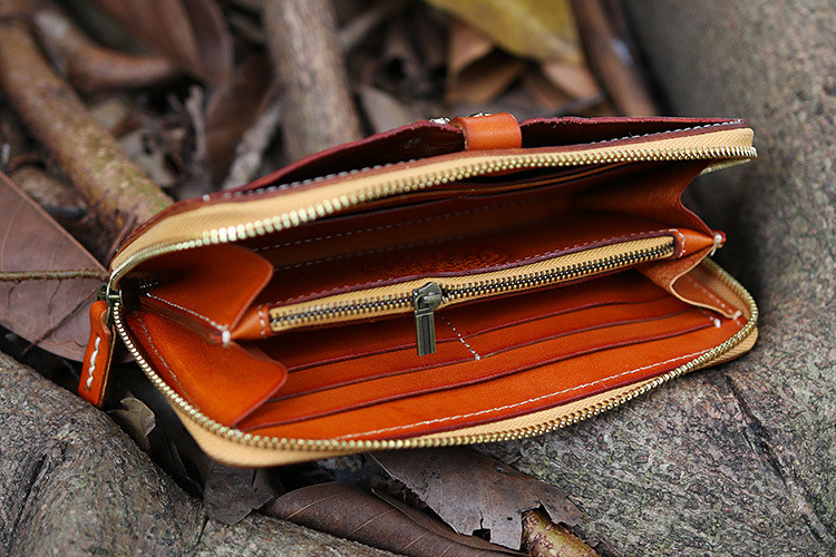 Leather Long Wallet Carved Hand Tooled Zip Around Clutch Purse +Amulet Pendant
