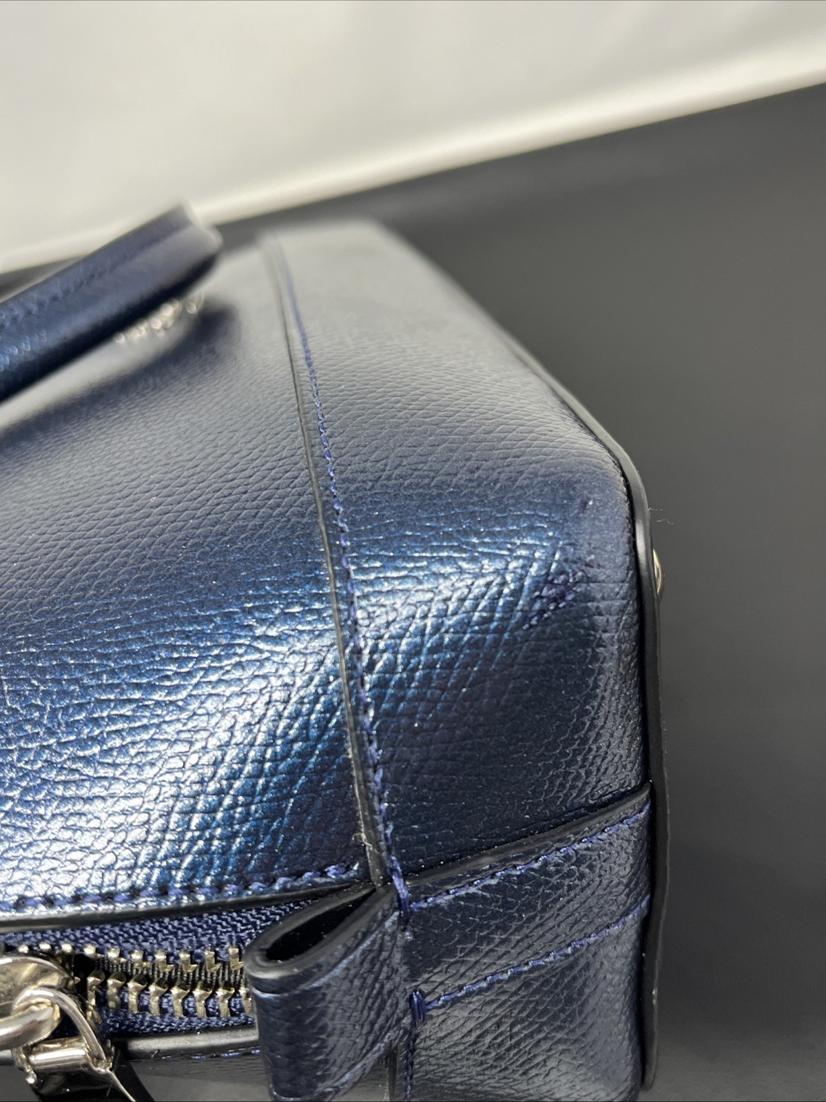 Coach Mini Sierra Satchel handbag Metallic Blue leather Crossbody Flaws