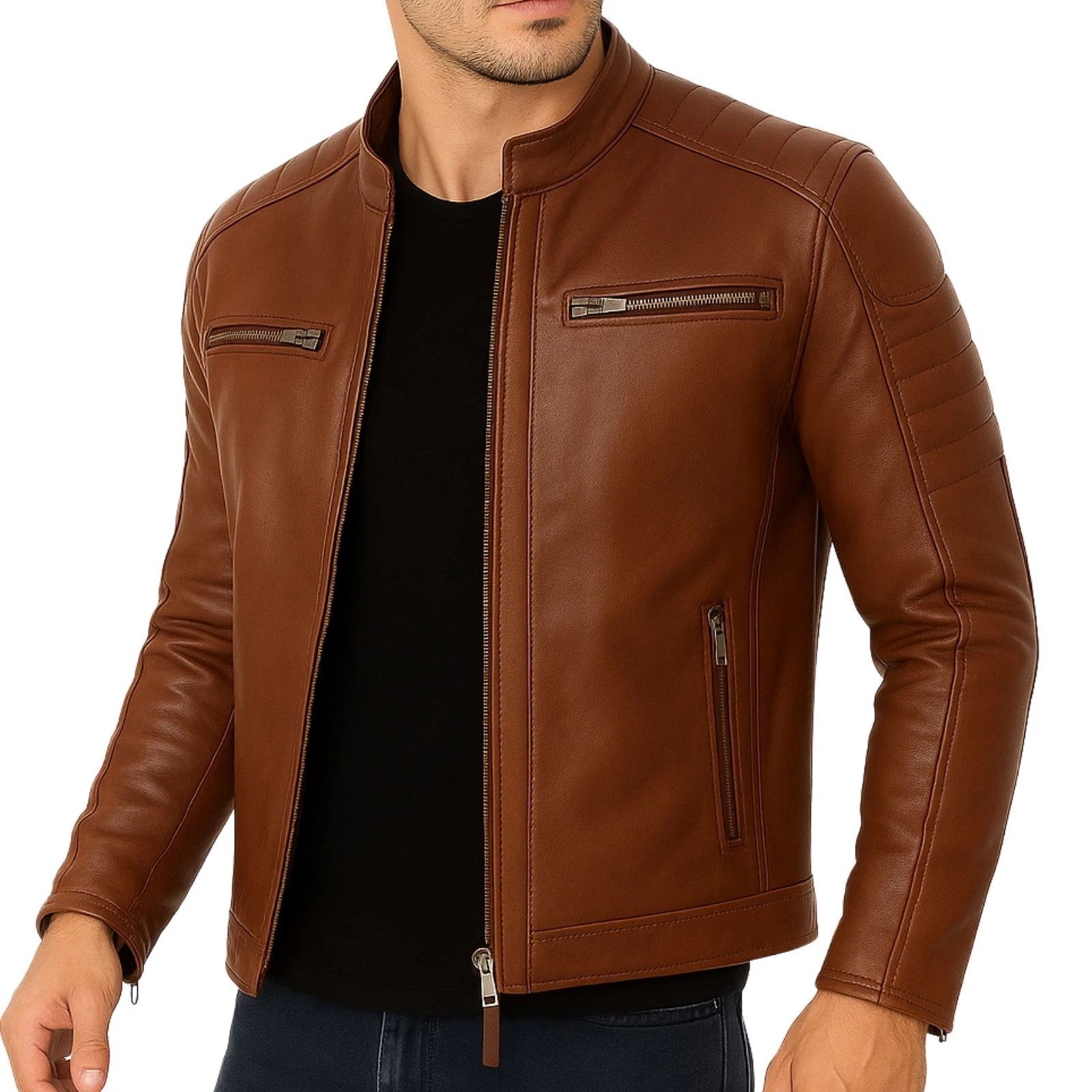 Men’s Genuine Leather Jacket Biker Cafe Racer Moto Slim Fit Motorcycle Outerwear