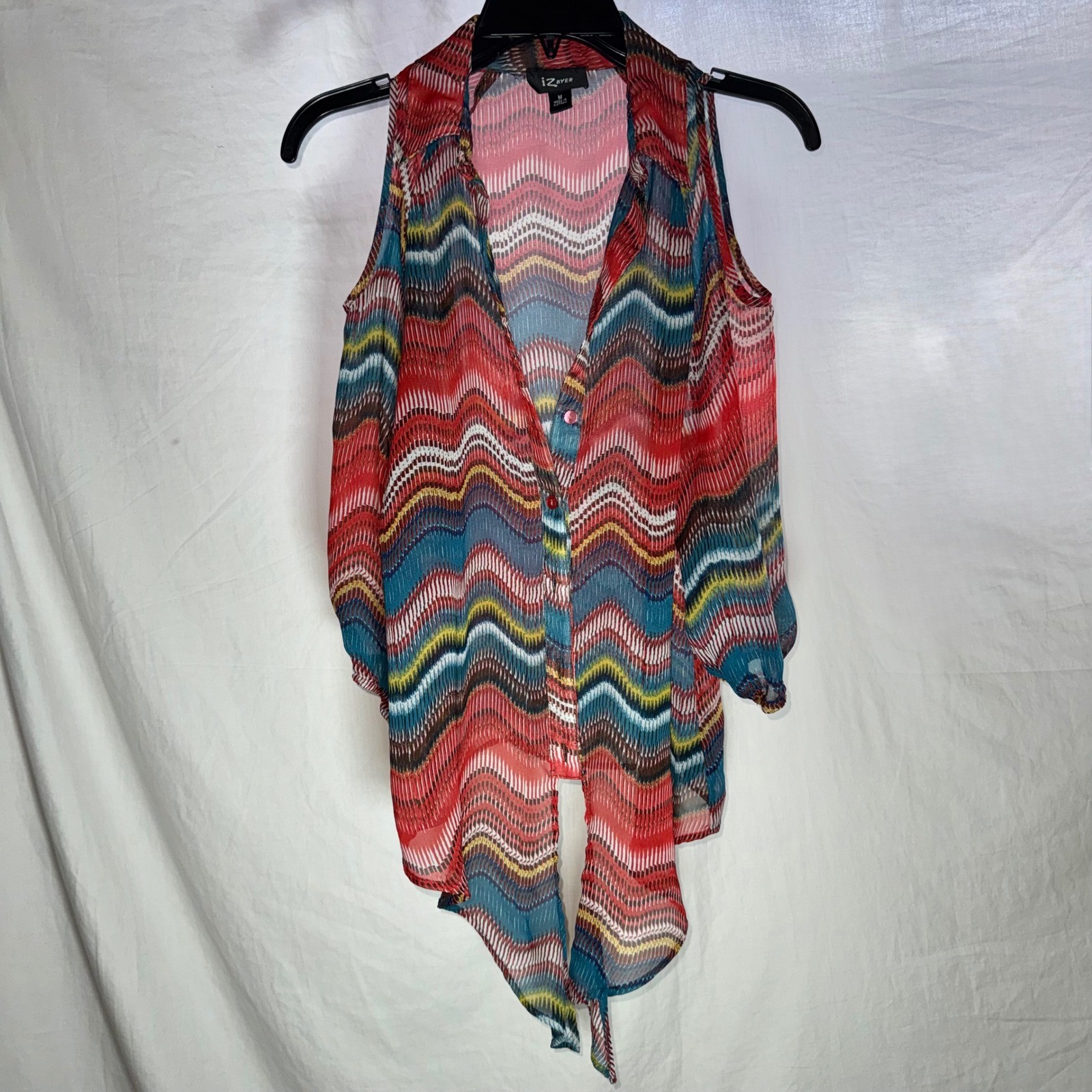 Boho Cold Shoulder Blouse Multi Color Chiffon Button Down Womens Size Medium