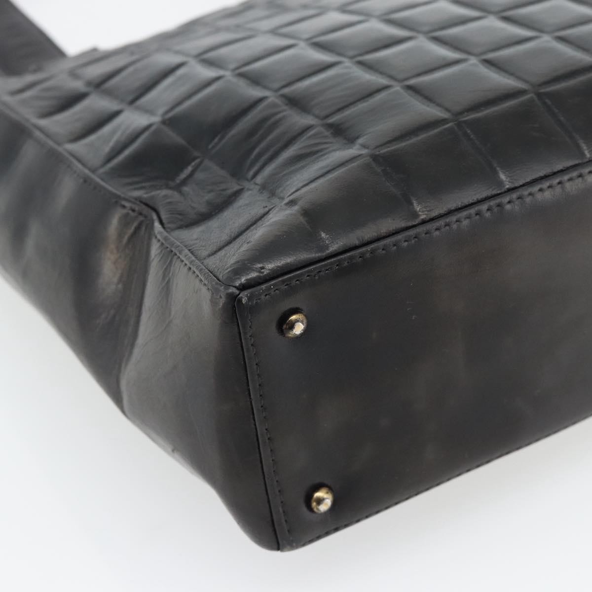 CHANEL Choco Bar Hand Bag Leather Black Gold CC Auth bs35341