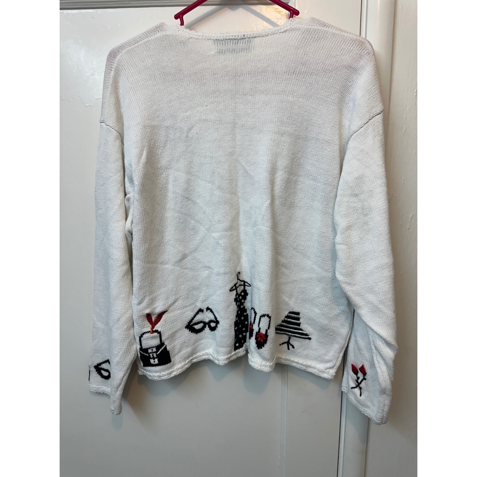 Vintage Novelty Bird House Knit Cardigan Sweater White Black Red Ramie Cotton L