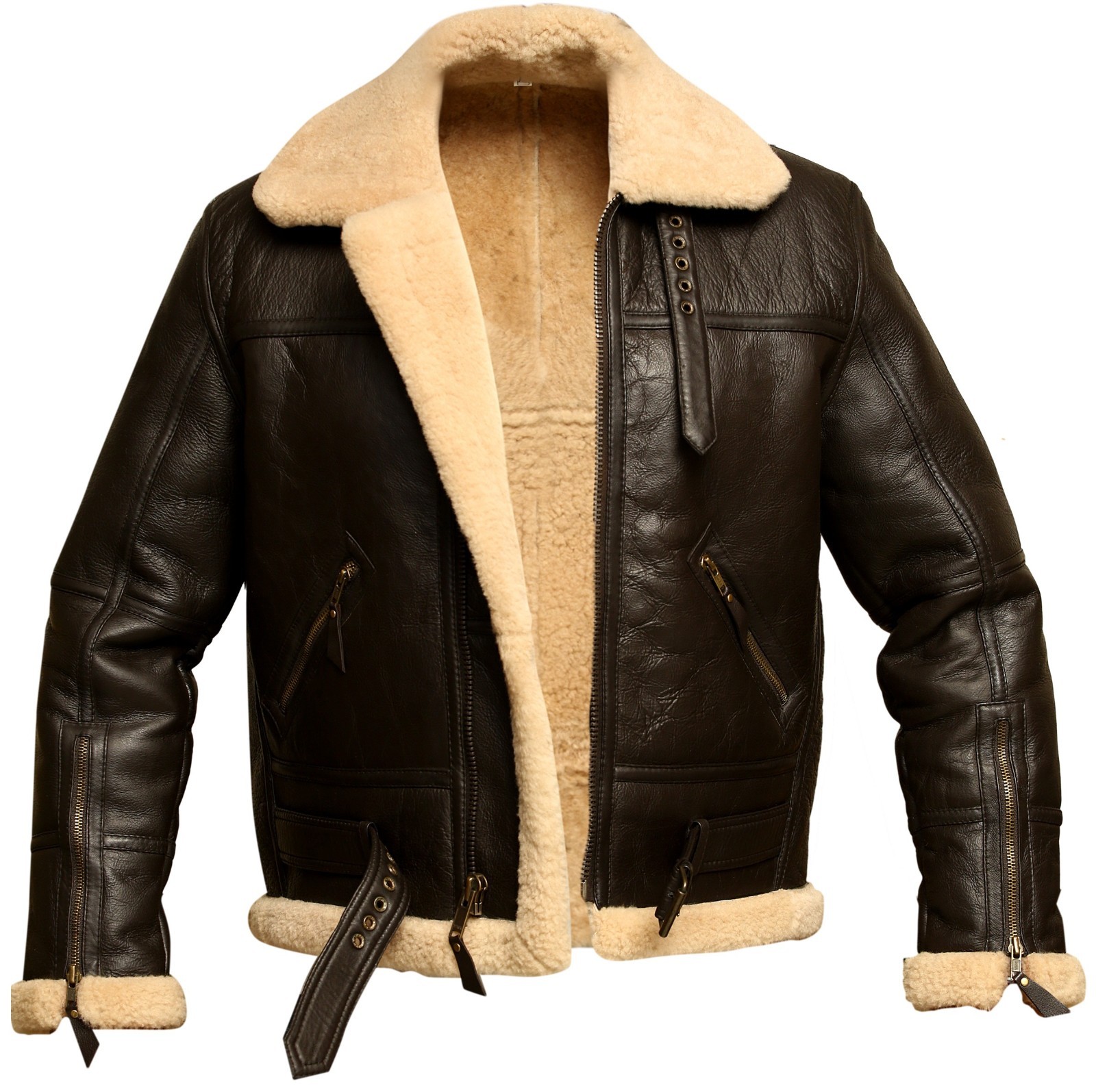 B3 RAF Aviator Brown Bomber Real Shearling Sheepskin Leather Flight Jacket