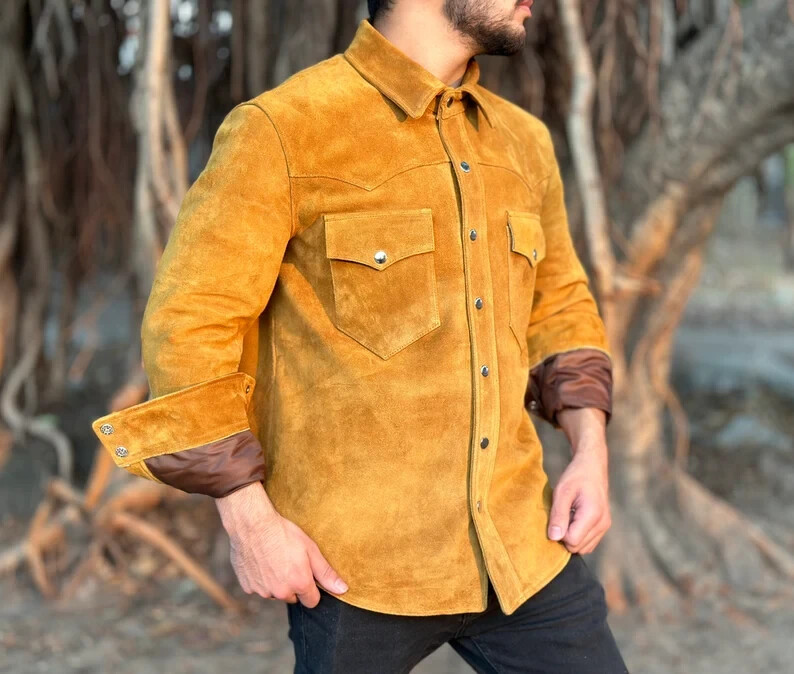 Men’s Suede Leather Trucker Premium Western Wear Shirt – Suede Leather Shirt