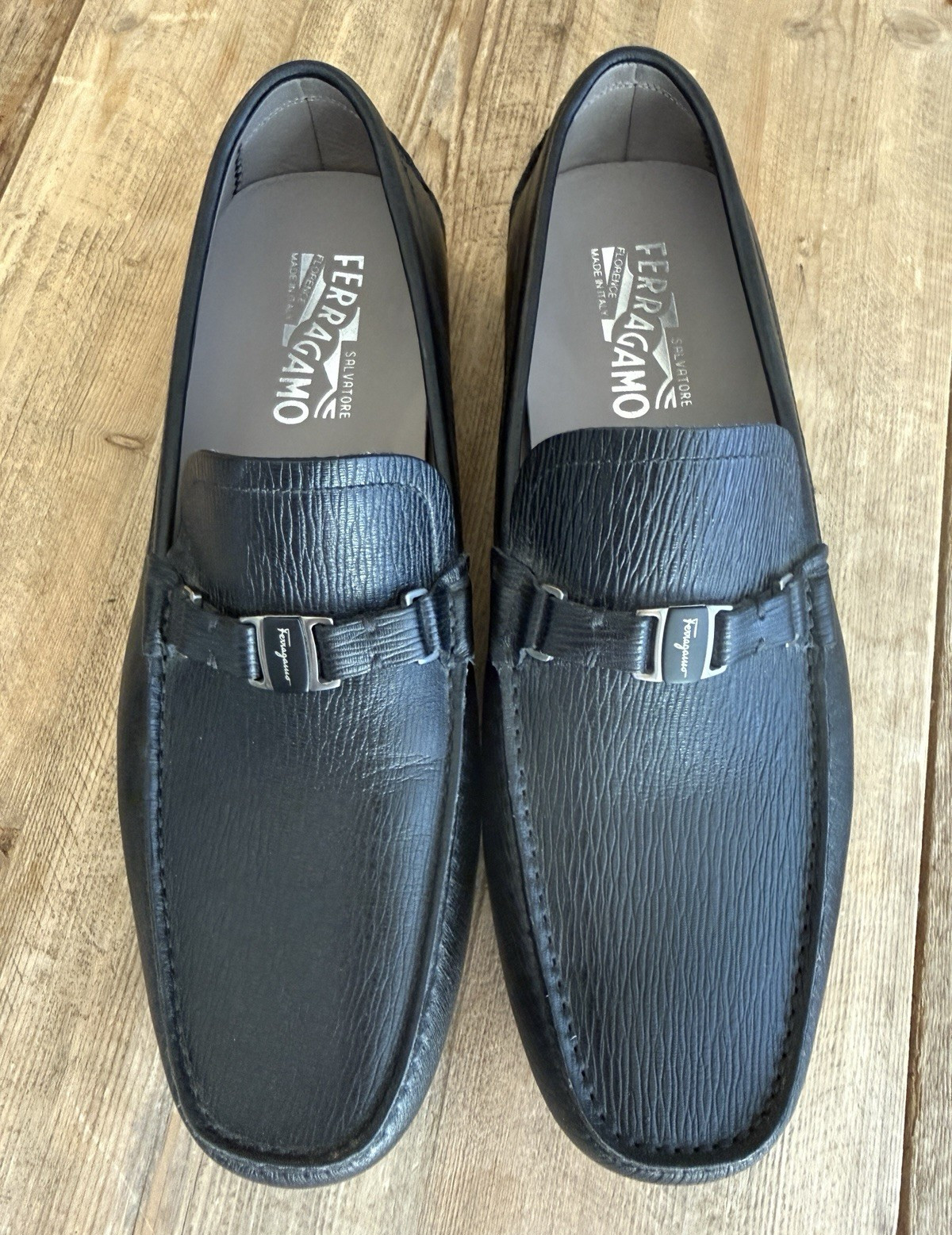 Salvatore Ferragamo Mens Black Leather Driving Moc Loafers Slip-On Sz 9