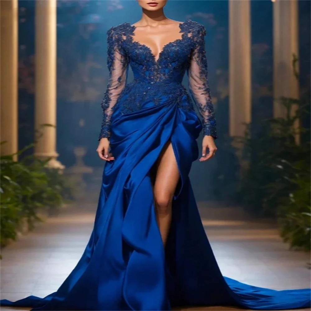 Luxury Applique Long Sleeve Mermaid Evening Dress Satin Wedding Party Dress