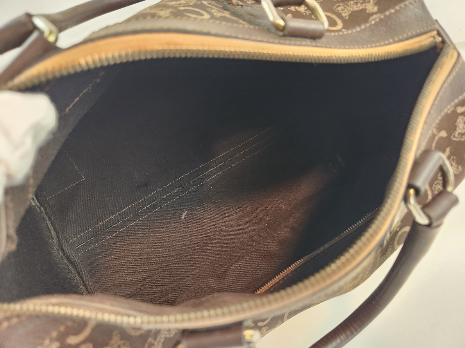 Authentic CELINE C Macadam Canvas Boston Brown Hand Bag Pouch Horse Carriage Old