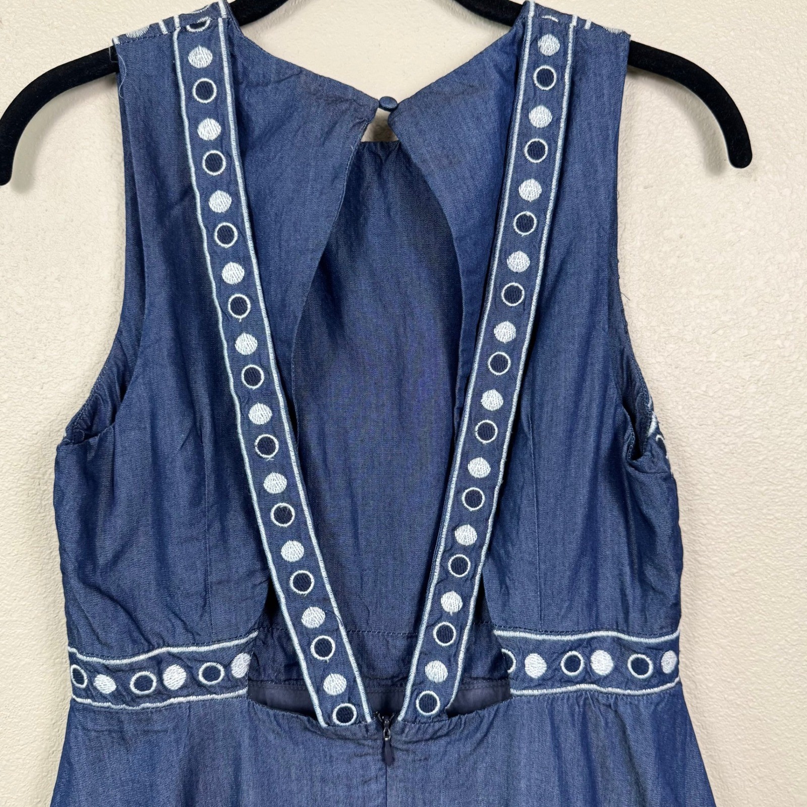 J.O.A Embroidered Denim Dress Open Back Boho Fit Flare Mini S