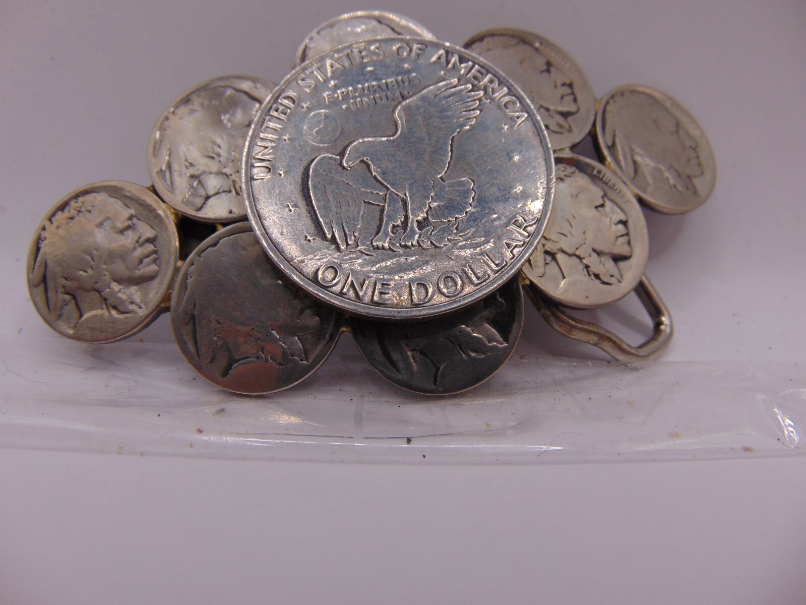 Vintage Belt Buckle Never Broke Real Coins Buffalo Nickel & Dollar 3 3/4″ Wide
