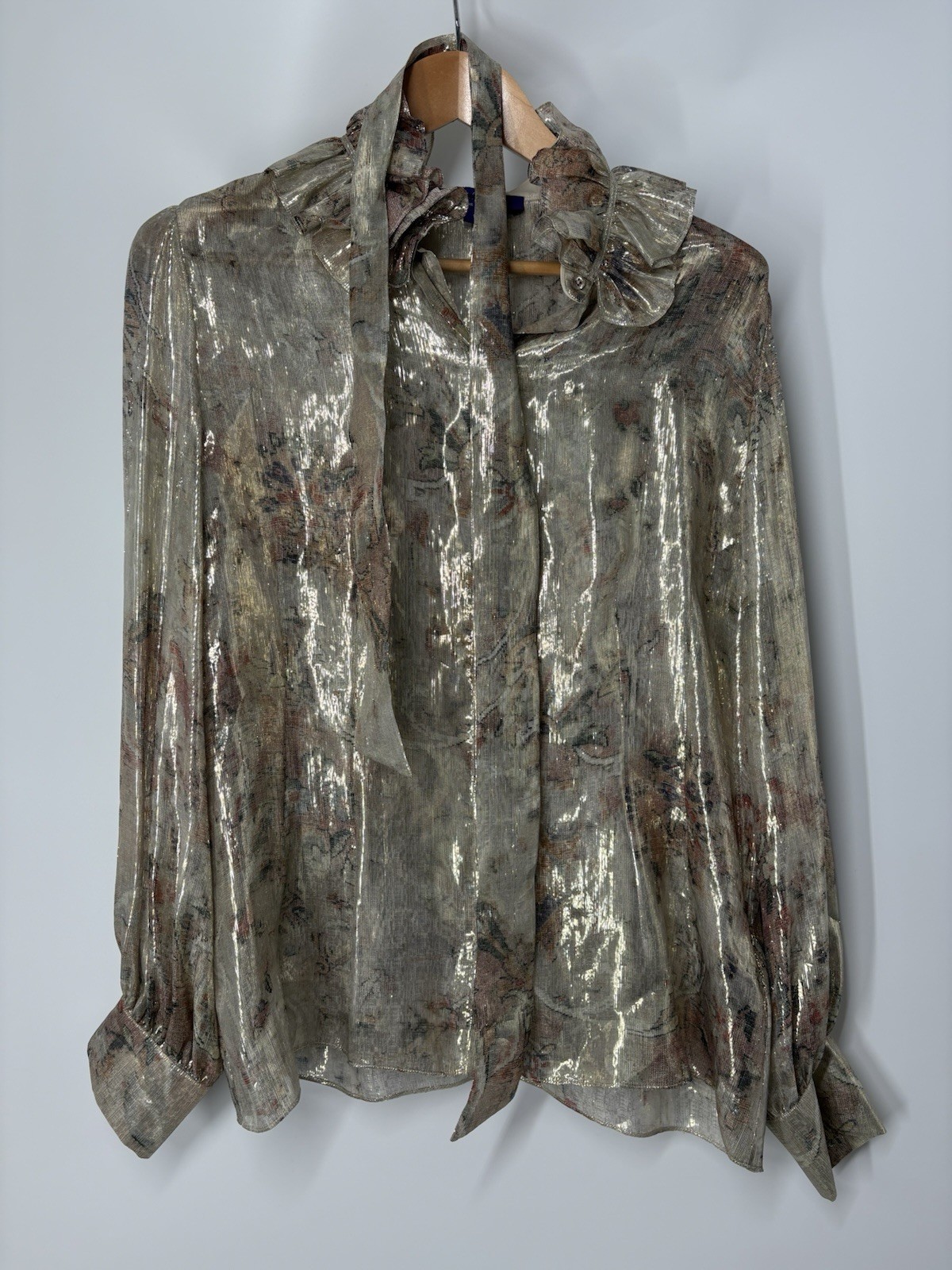 Ralph Lauren Collection Puff Sleeve Blouse Lurex Dress Shirt Tie Neck Silk 10 M