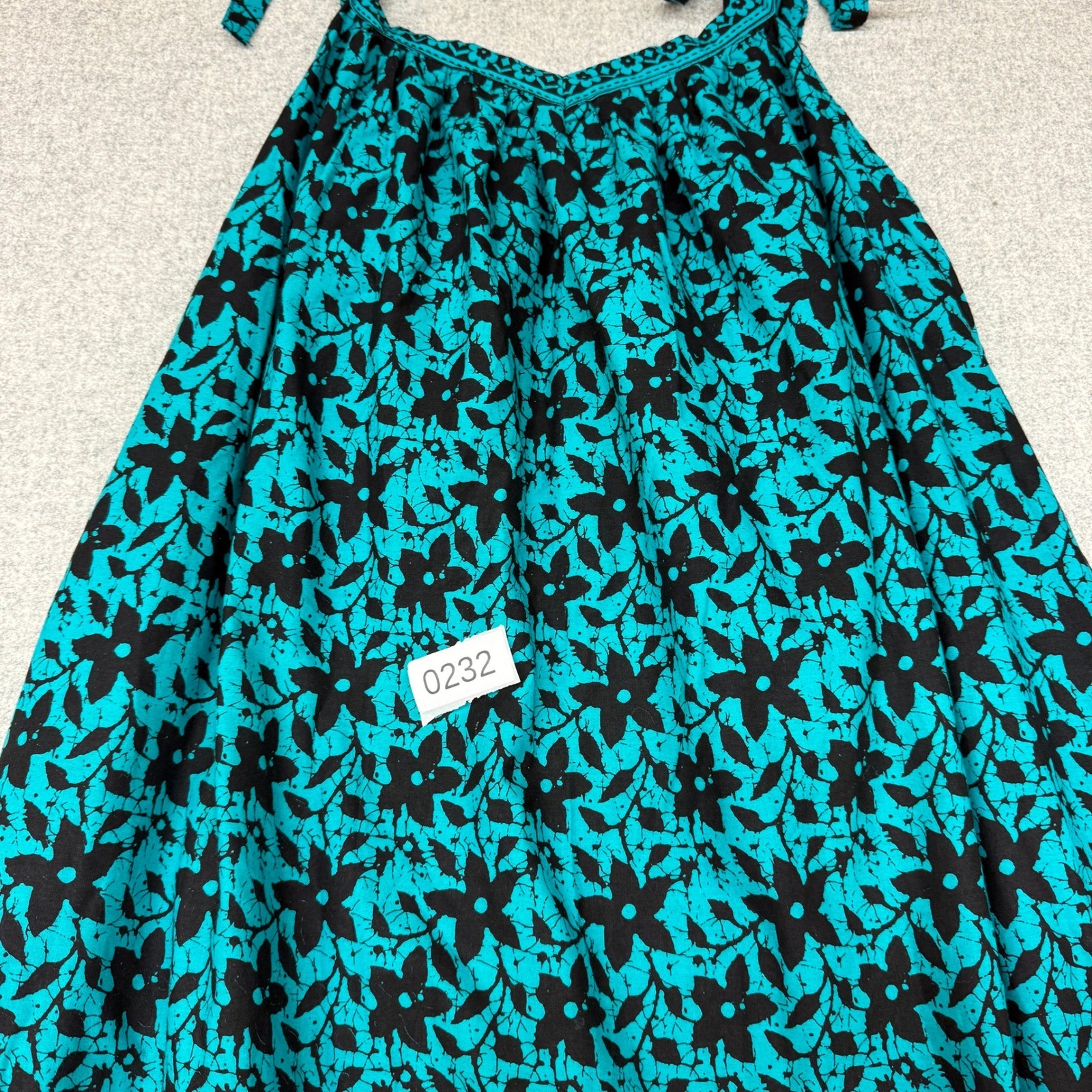 Unbranded Floral Batik Midi Dress L Teal Black Tie Strap Pockets Boho Sleeveless
