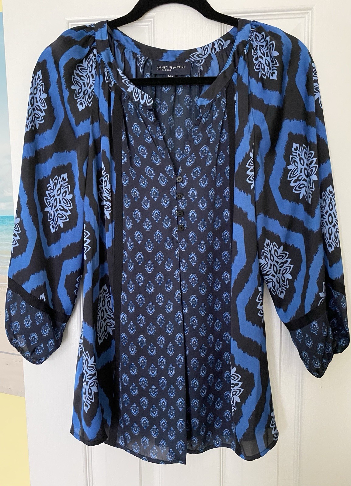 Jones New York Signature Blue Black Ikat Boho Blouse Split Neck 3/4 Sleeve Small