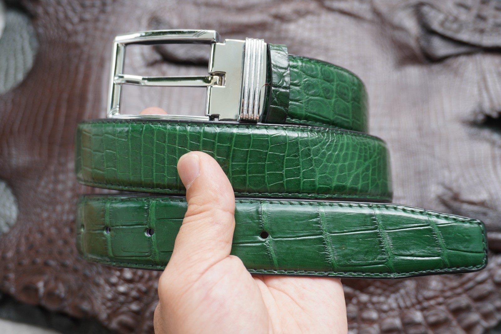 W 1.3 inch – Green Genuine Crocodile Belly Leather Skin Men’s Belt #L50