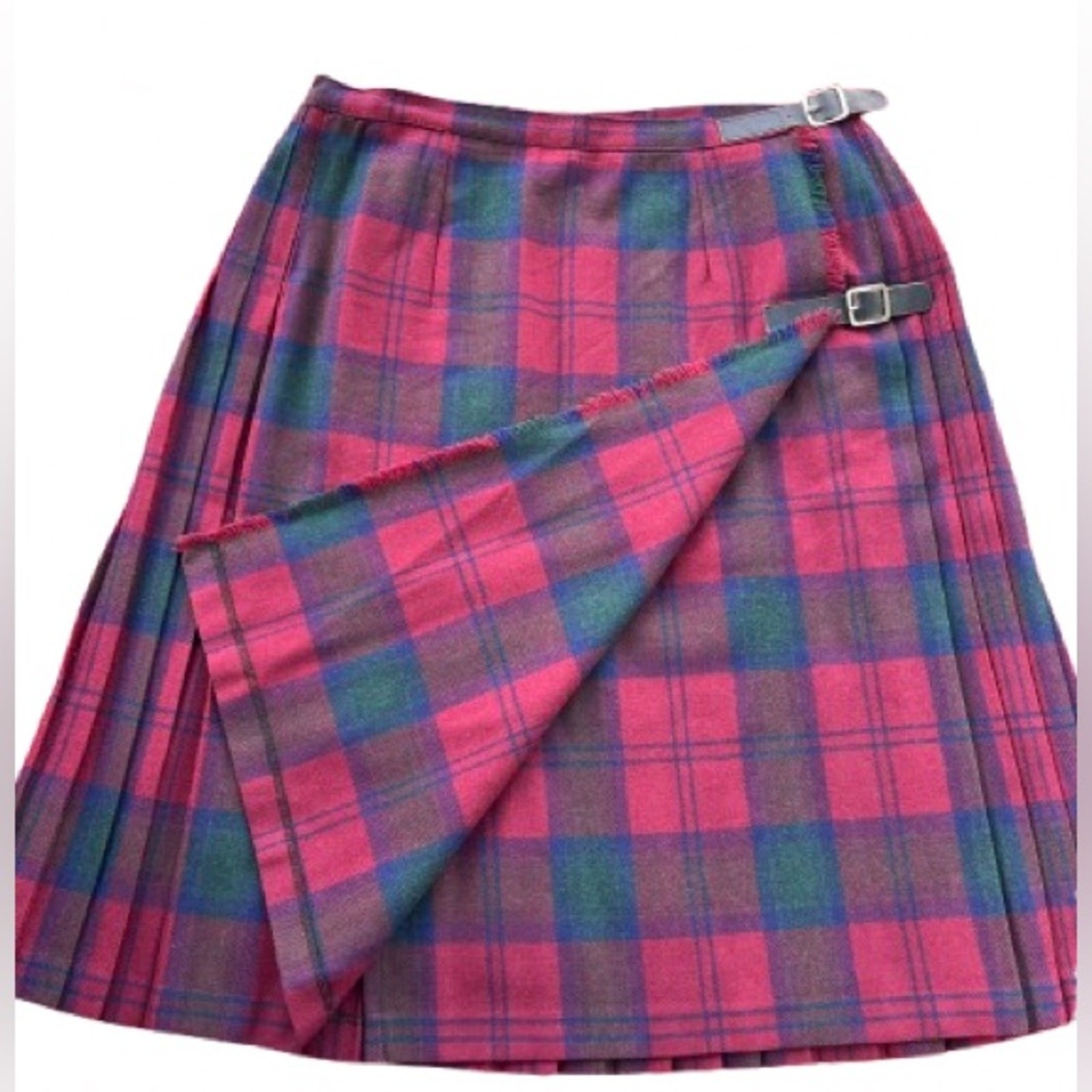 Vintage Pleated Plaid Skirt Mini Red Buckle Fringe Purple Scottish Tartan Large