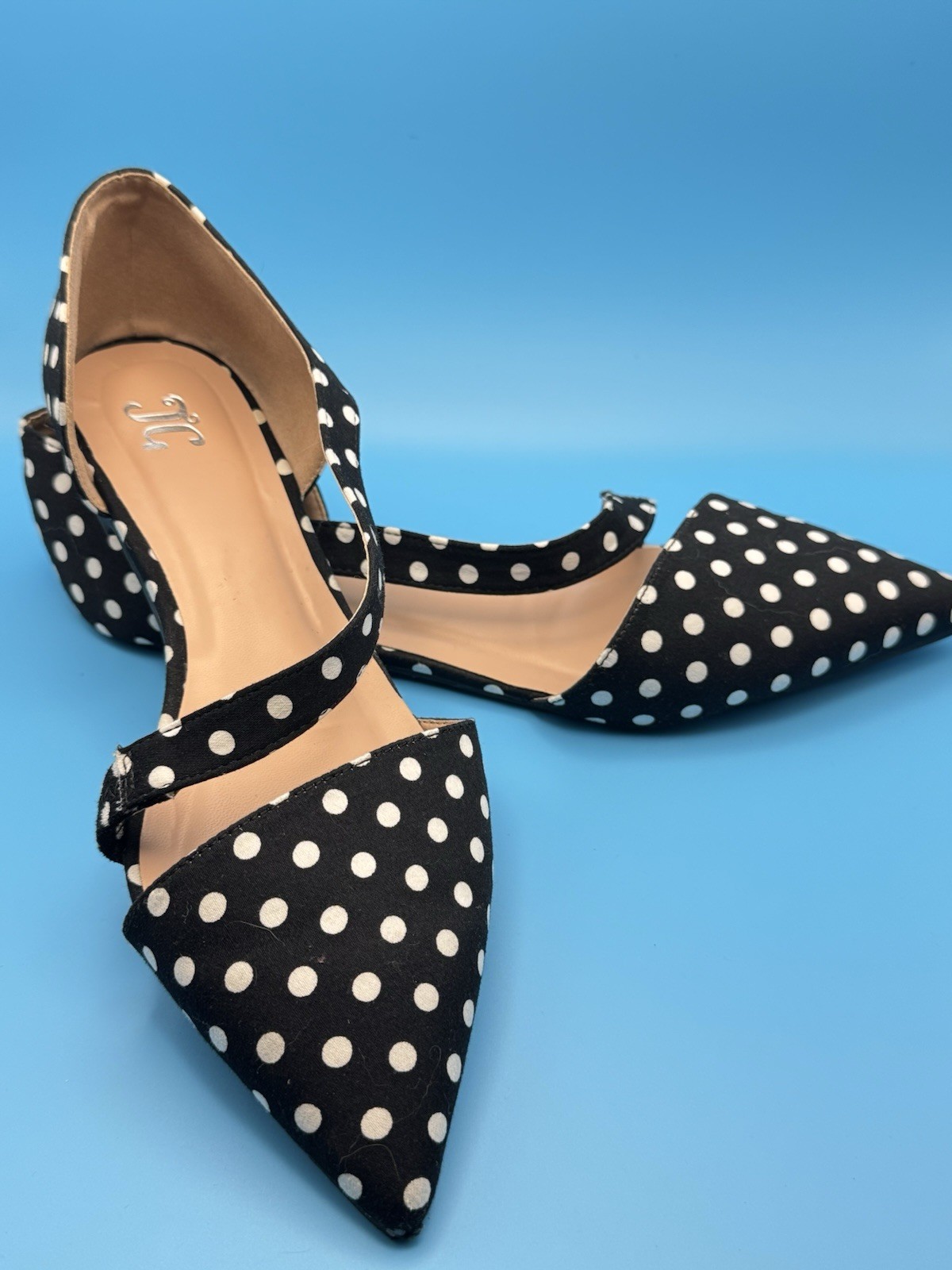Women’s Black/White Polka Dot Pointed Toe D’Orsay Strap Flats 10