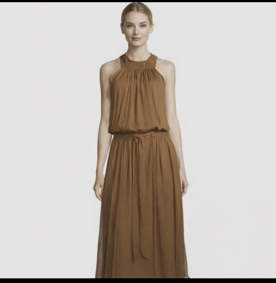 Halston Heritage Dress Bronze Tobacco Midi Pleated Chiffon Cocktail Wedding
