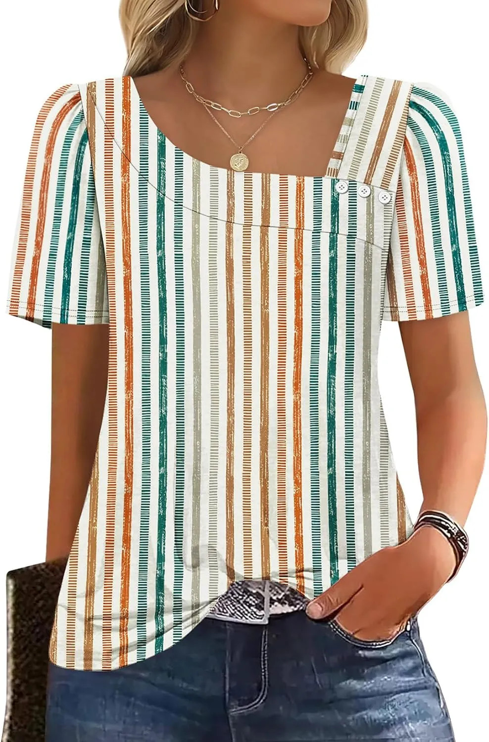 WIHOLL Womens Square Neck Short Sleeve Blouse Summer Casual Top Shirt