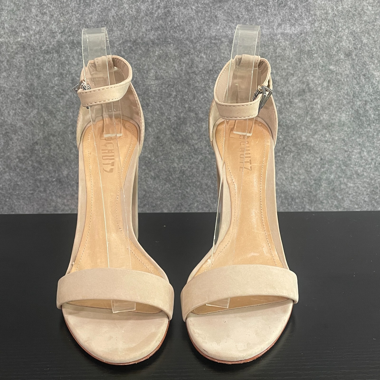 Schutz Sandals 8.5B Beige Suede Ankle Strap Open Toe Block 4.5 inches Heels