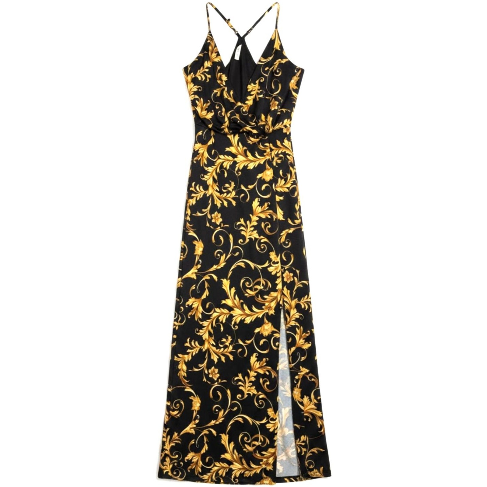 DNA Couture Black & Gold Baroque Scroll Print V-Neck Maxi Dress Size Small